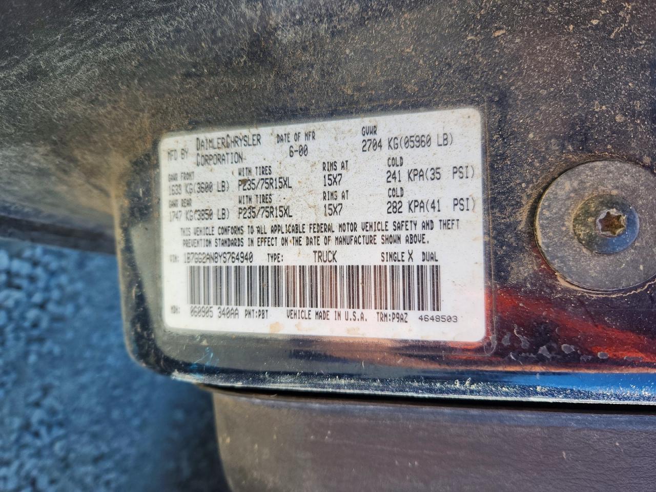 2000 Dodge Dakota Quad Blue vin: 1B7GG2AN8YS764940