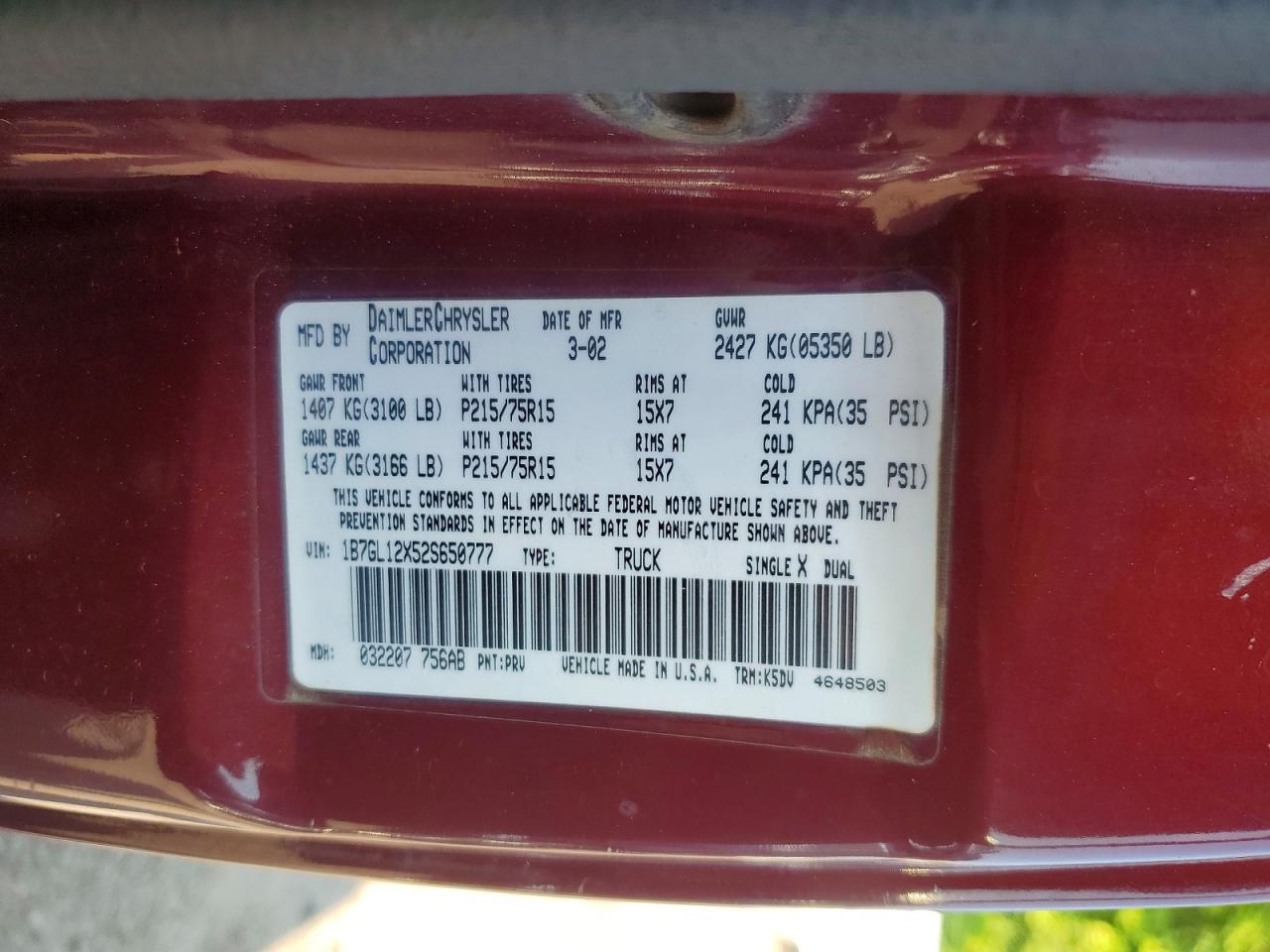 2002 Dodge Dakota Base Burgundy vin: 1B7GL12X52S650777