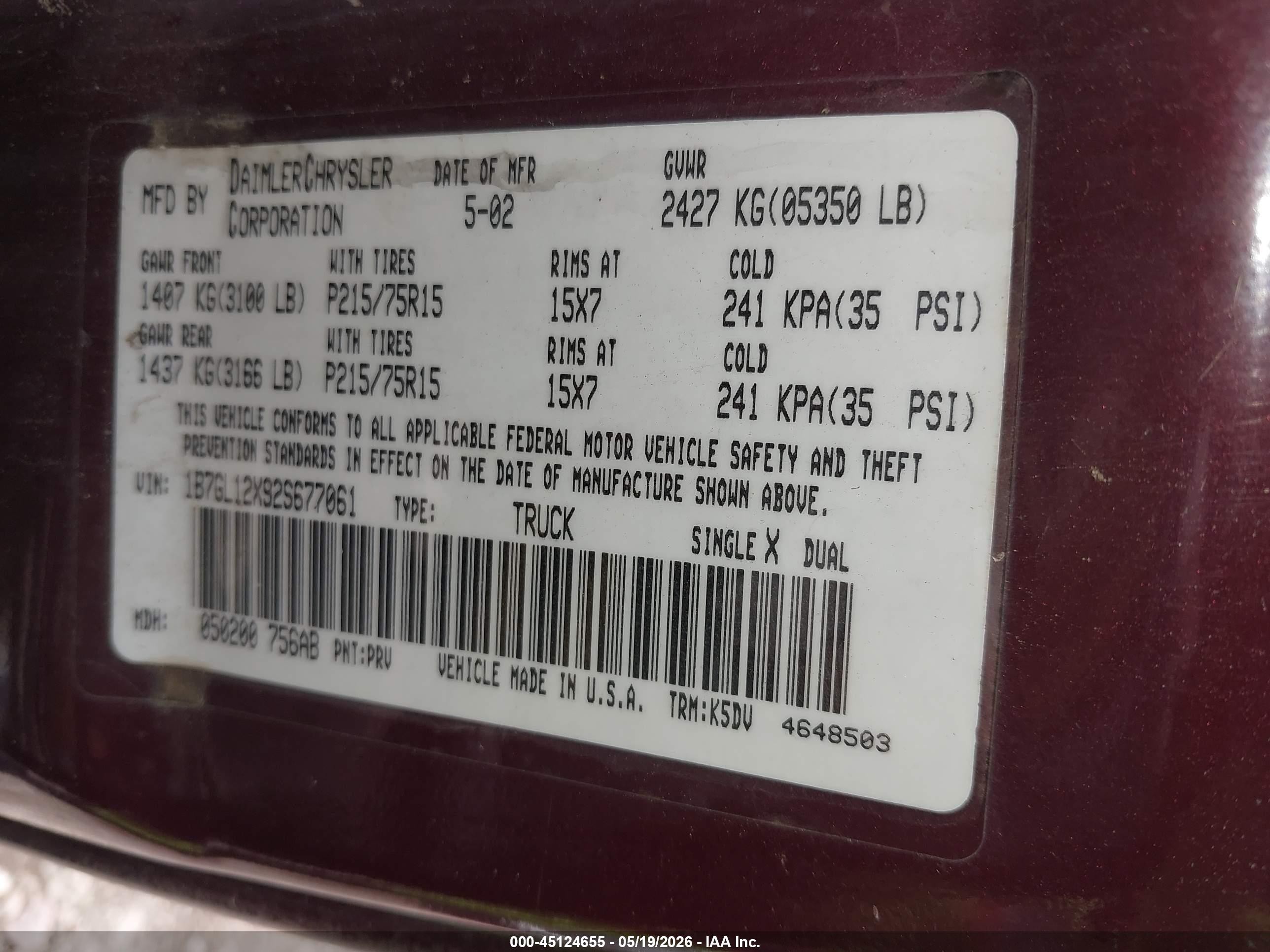 2002 Dodge Dakota   Бордовый vin: 1B7GL12X92S677061