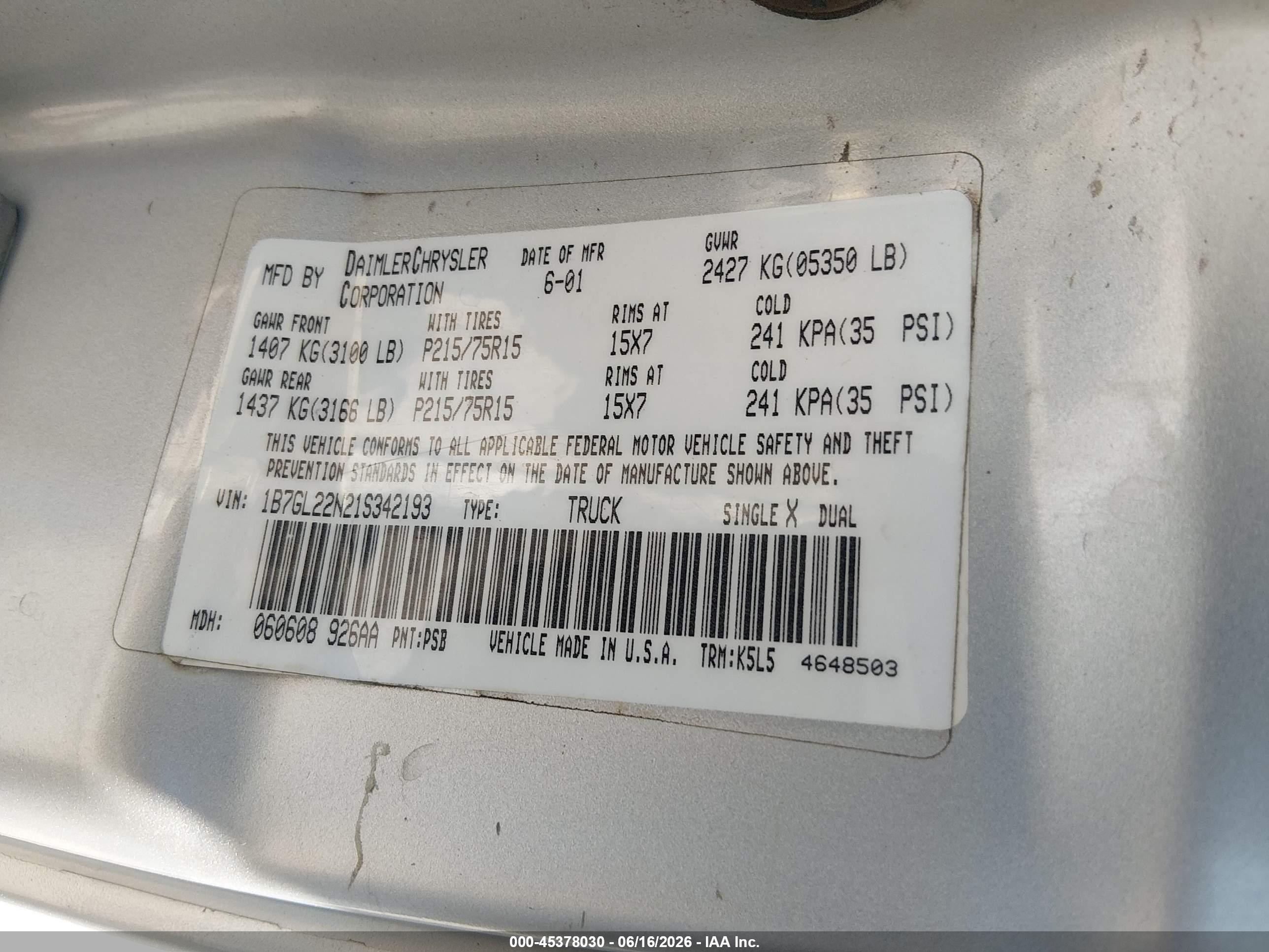 2001 Dodge Dakota Slt/sport Silver vin: 1B7GL22N21S342193