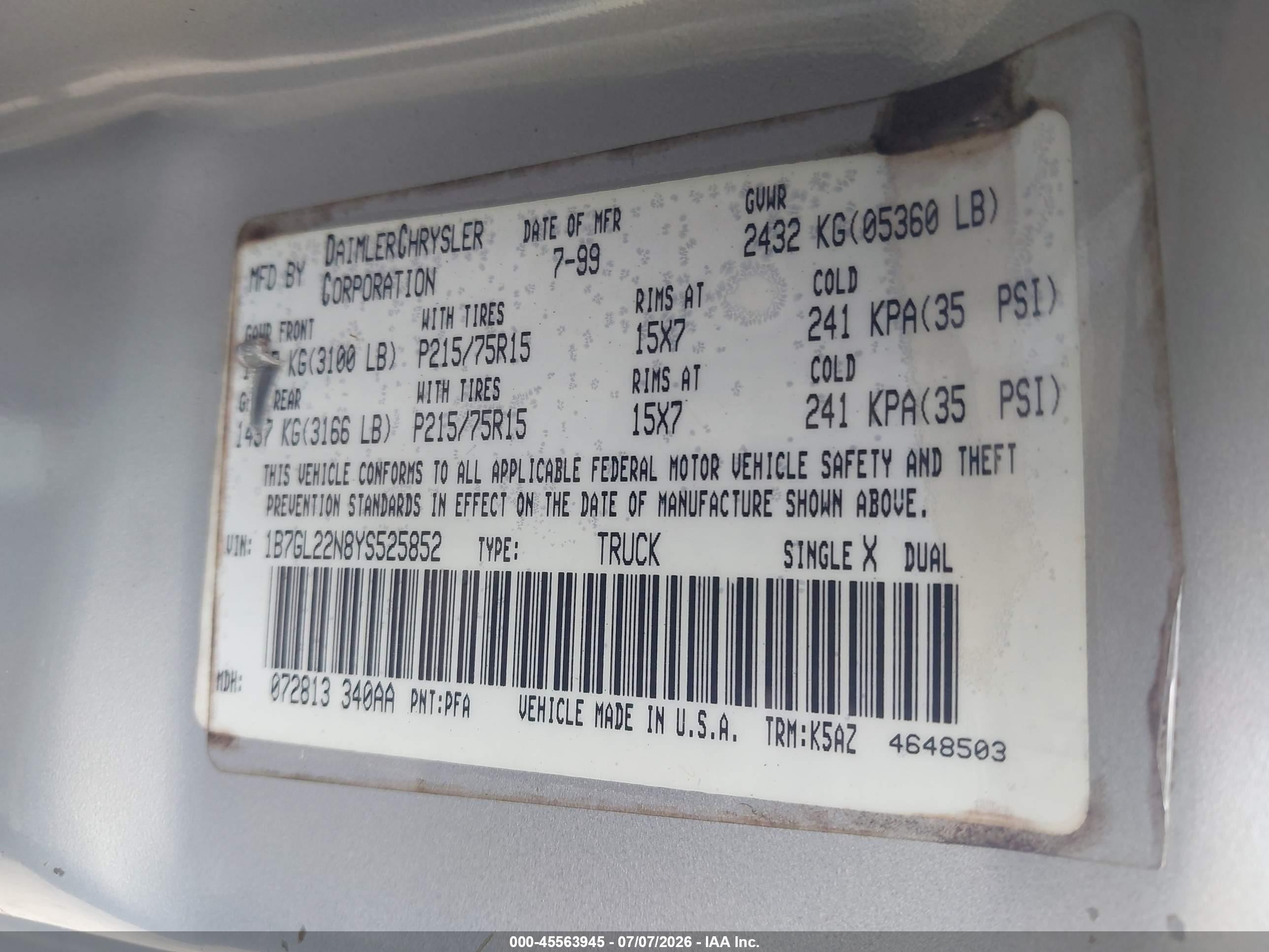 2000 Dodge Dakota Slt/sport Silver vin: 1B7GL22N8YS525852