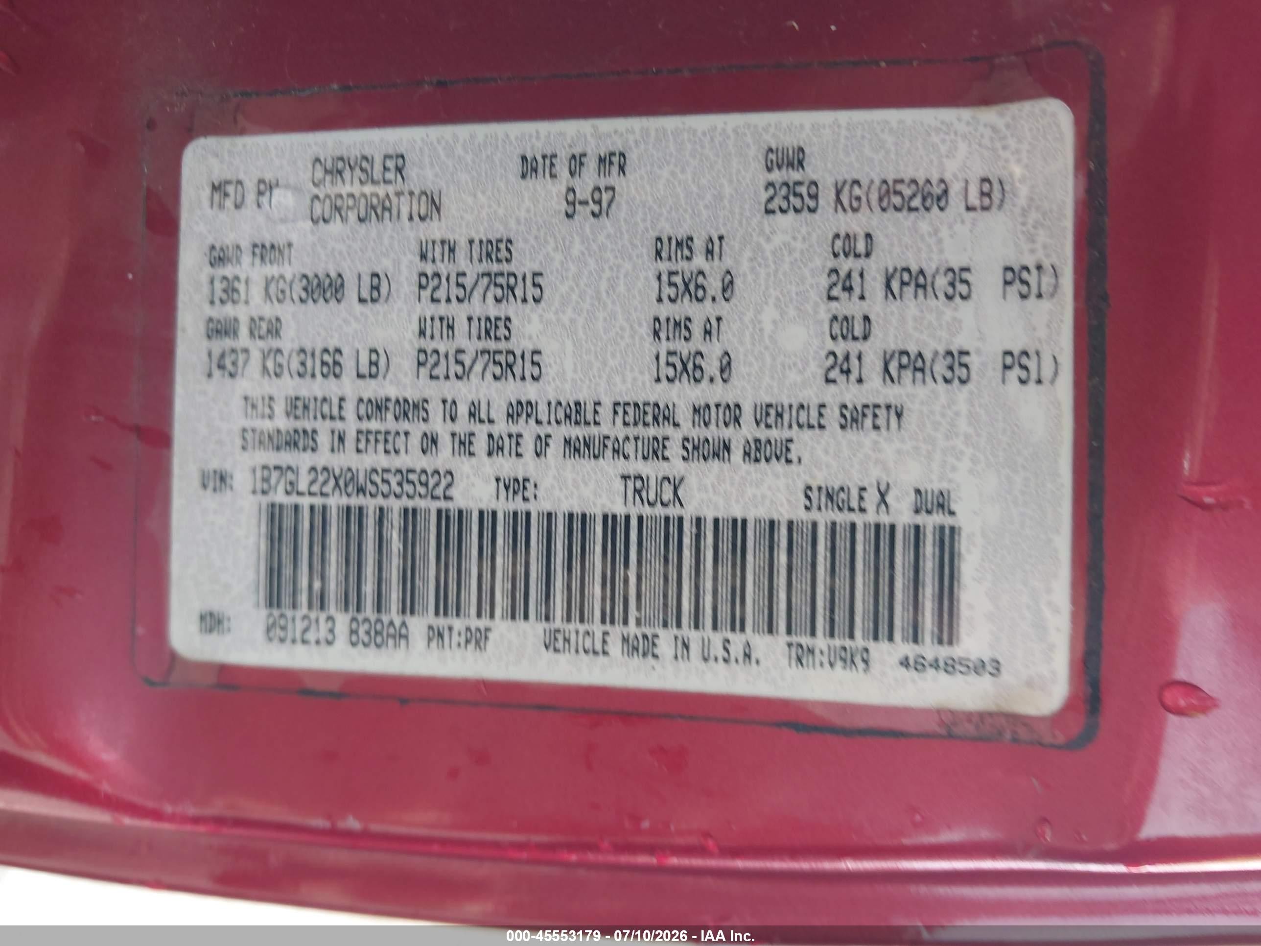 1998 Dodge Dakota Slt/sport Красный vin: 1B7GL22X0WS535922