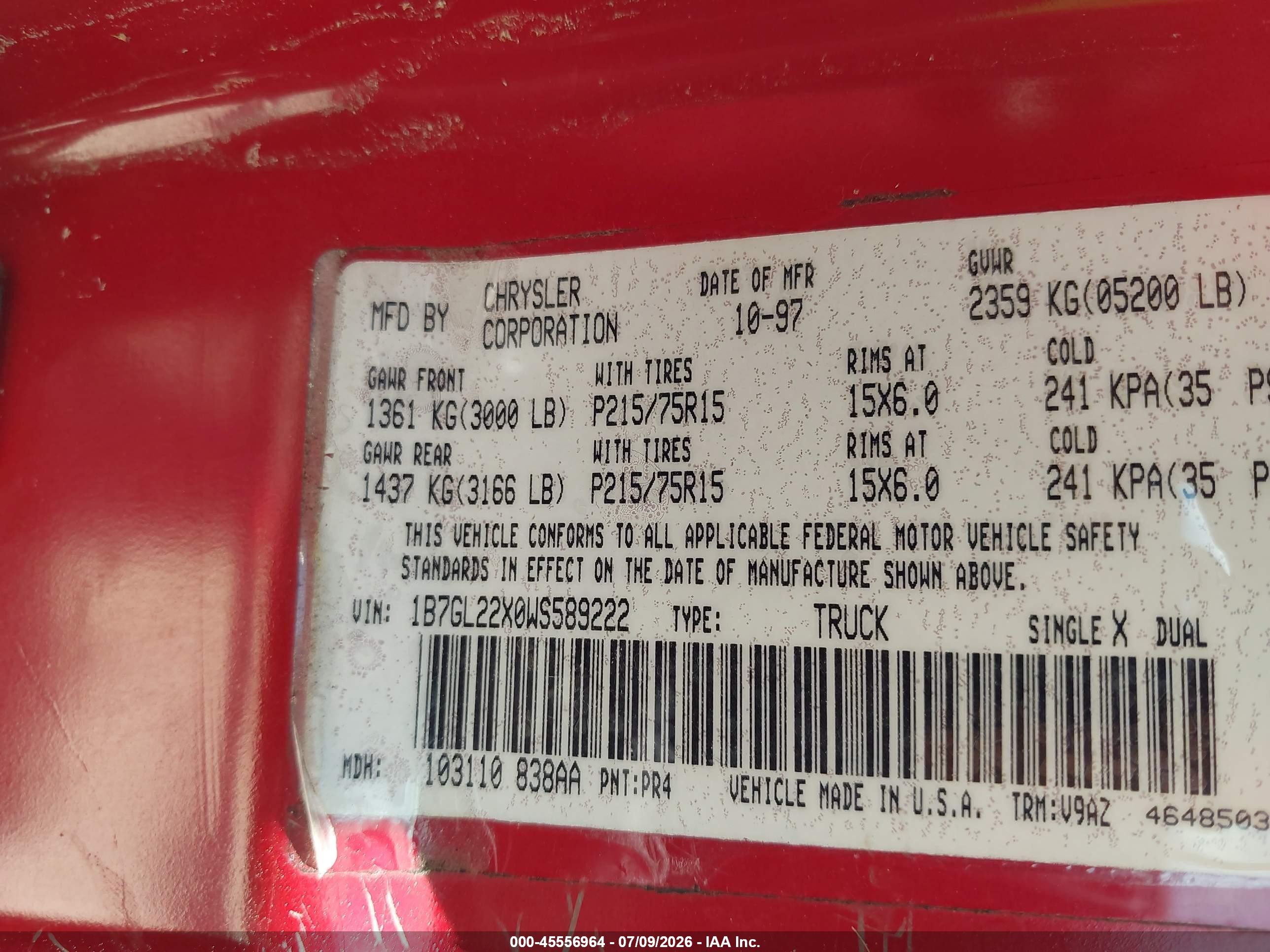 1998 Dodge Dakota Slt/sport Red vin: 1B7GL22X0WS589222