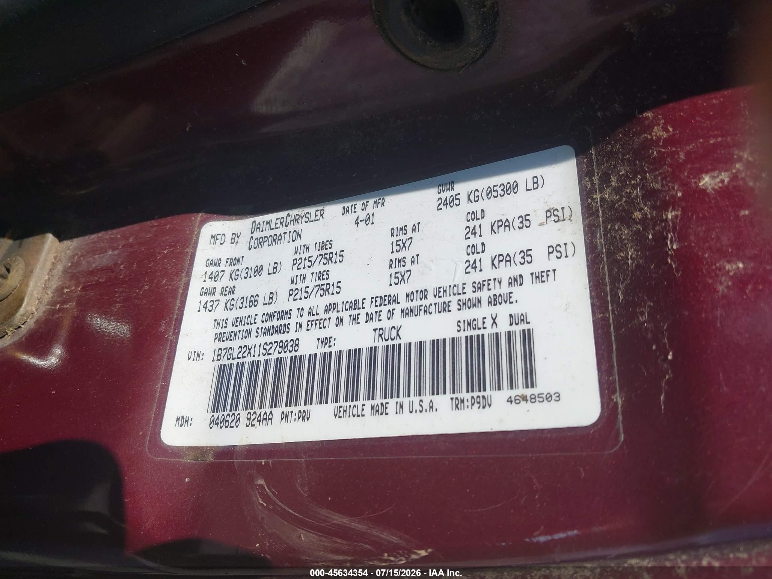 2001 Dodge Dakota Slt/sport Burgundy vin: 1B7GL22X11S279038