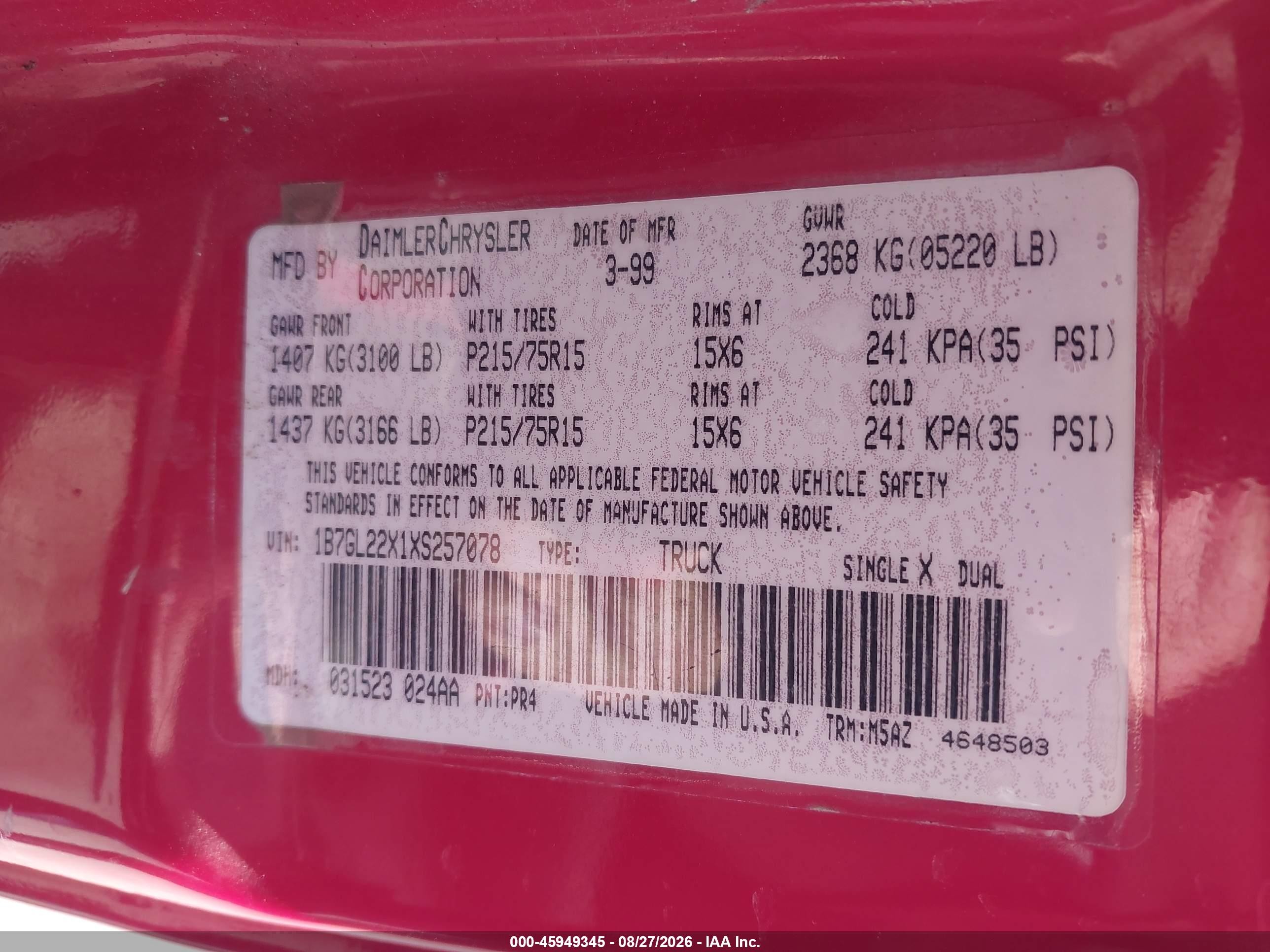 1999 Dodge Dakota Slt/sport Red vin: 1B7GL22X1XS257078