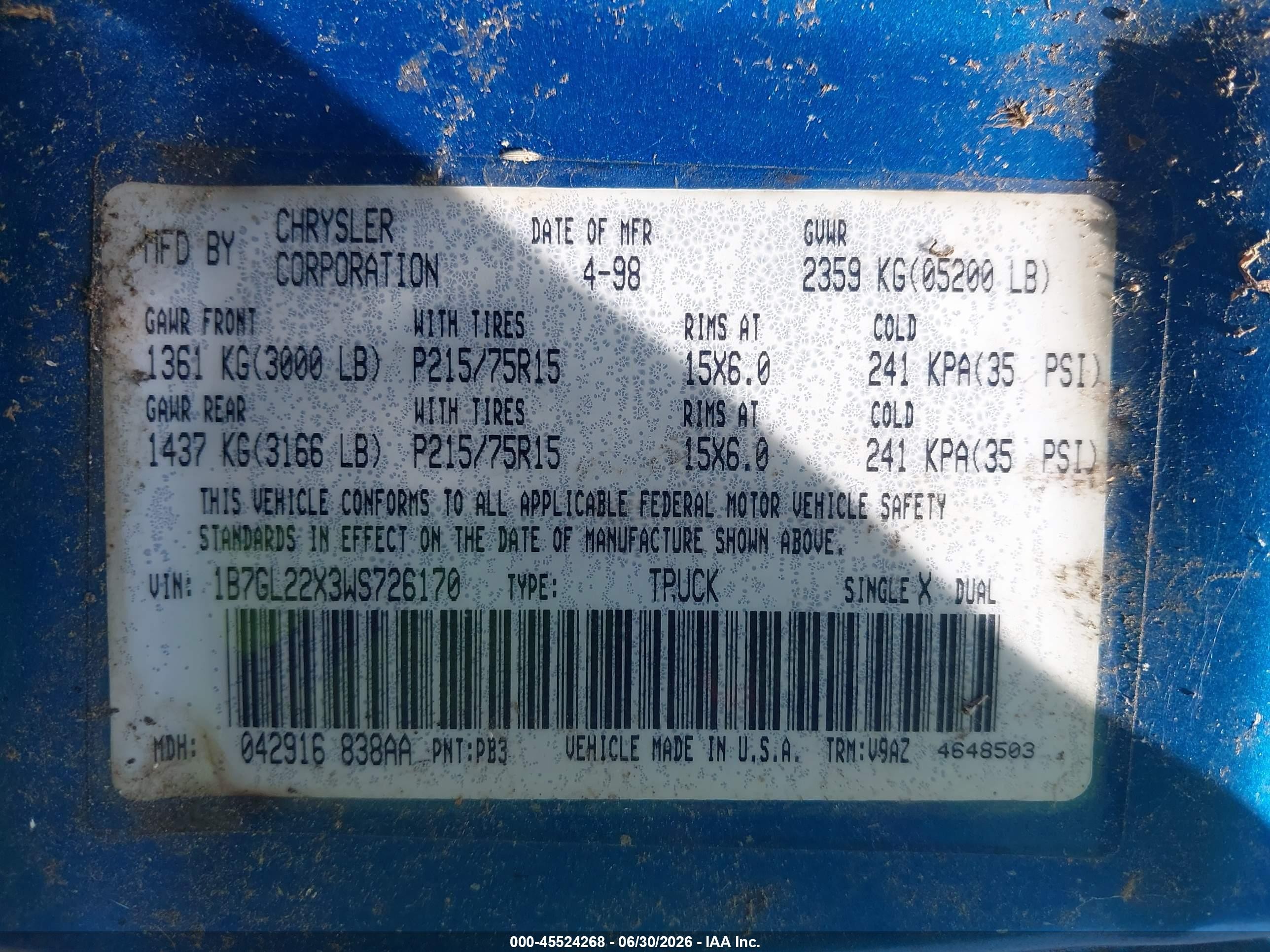 1998 Dodge Dakota Slt/sport Blue vin: 1B7GL22X3WS726170