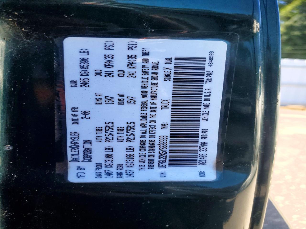 2000 Dodge Dakota Green vin: 1B7GL22X5YS692333