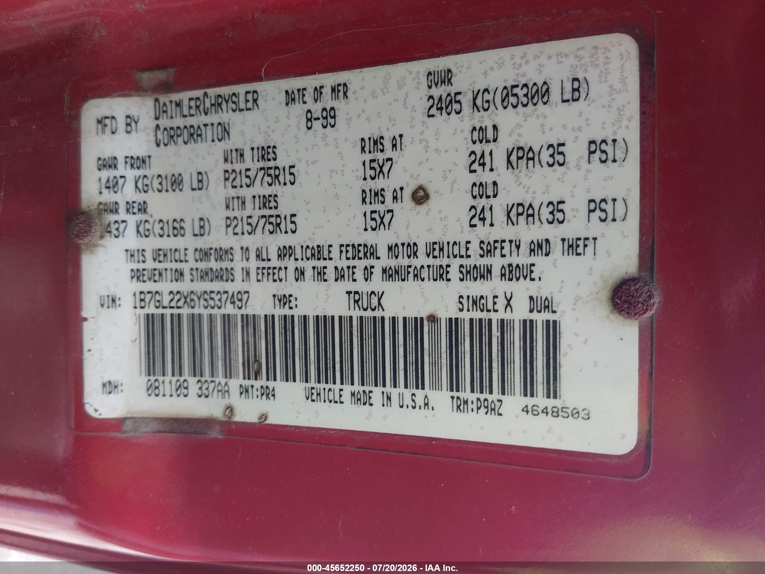 2000 Dodge Dakota Slt/sport Red vin: 1B7GL22X6YS537497