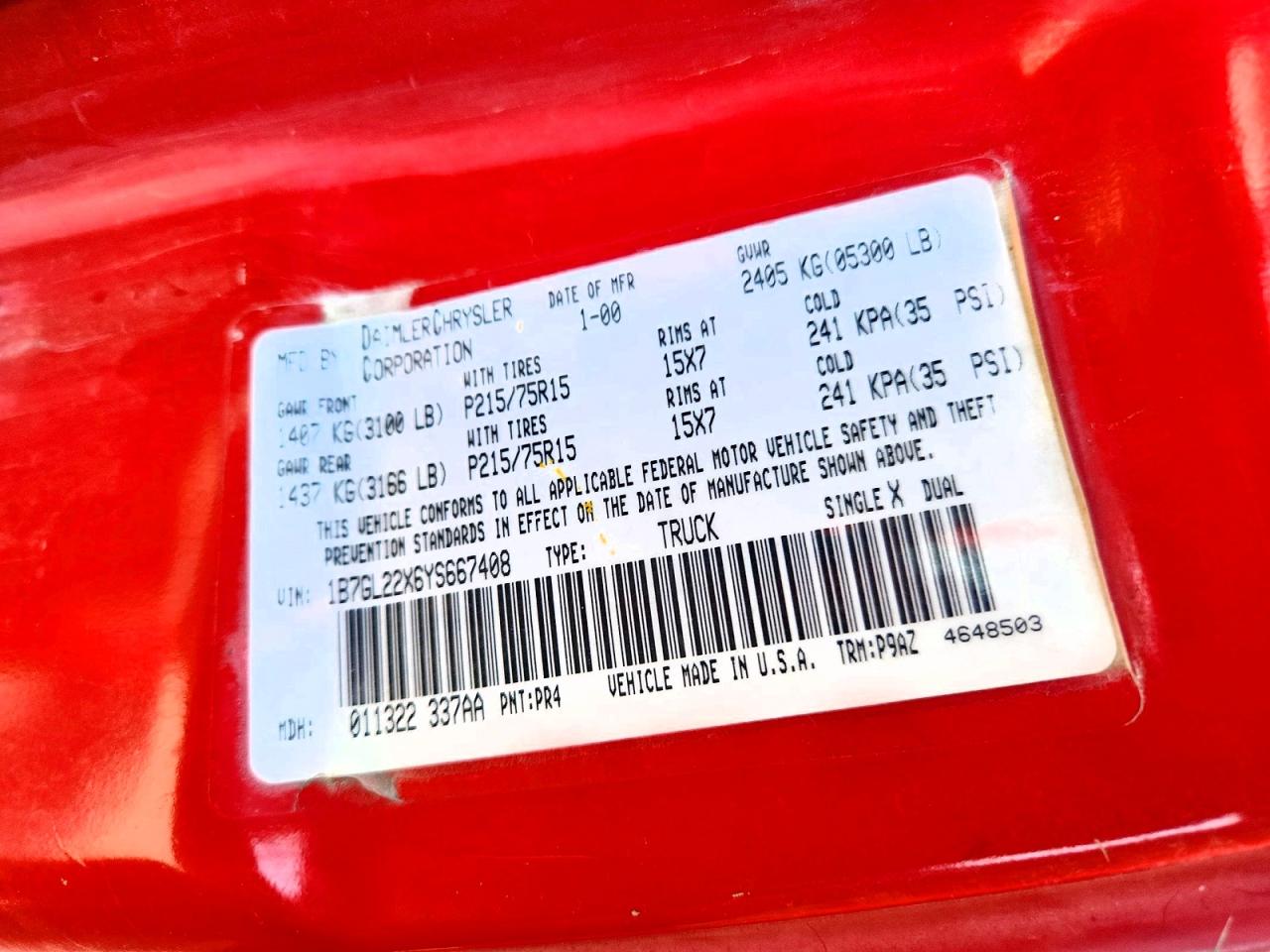 2000 Dodge Dakota Red vin: 1B7GL22X6YS667408