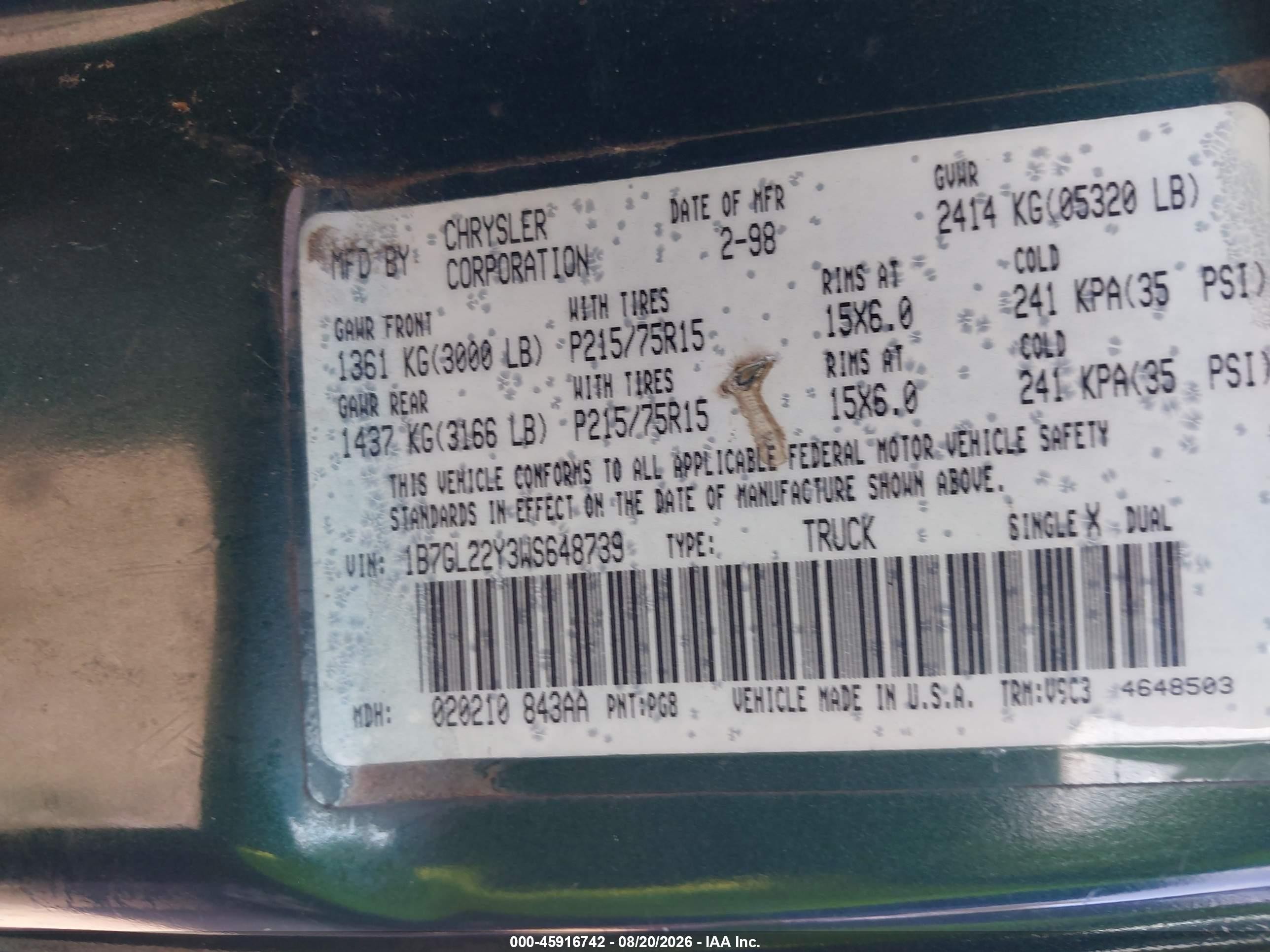 1998 Dodge Dakota Slt/sport Green vin: 1B7GL22Y3WS648739
