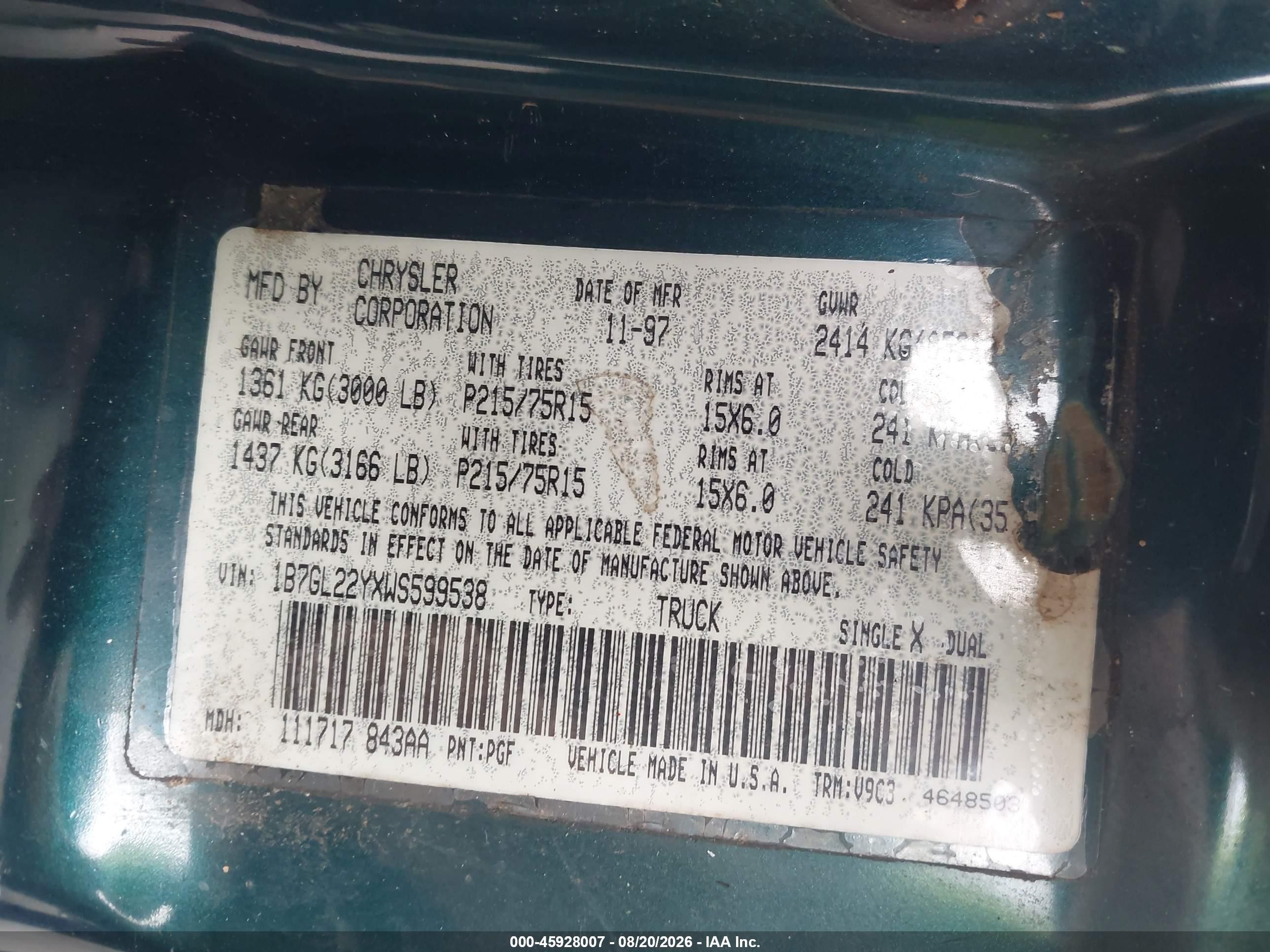 1998 Dodge Dakota Slt/sport Green vin: 1B7GL22YXWS599538