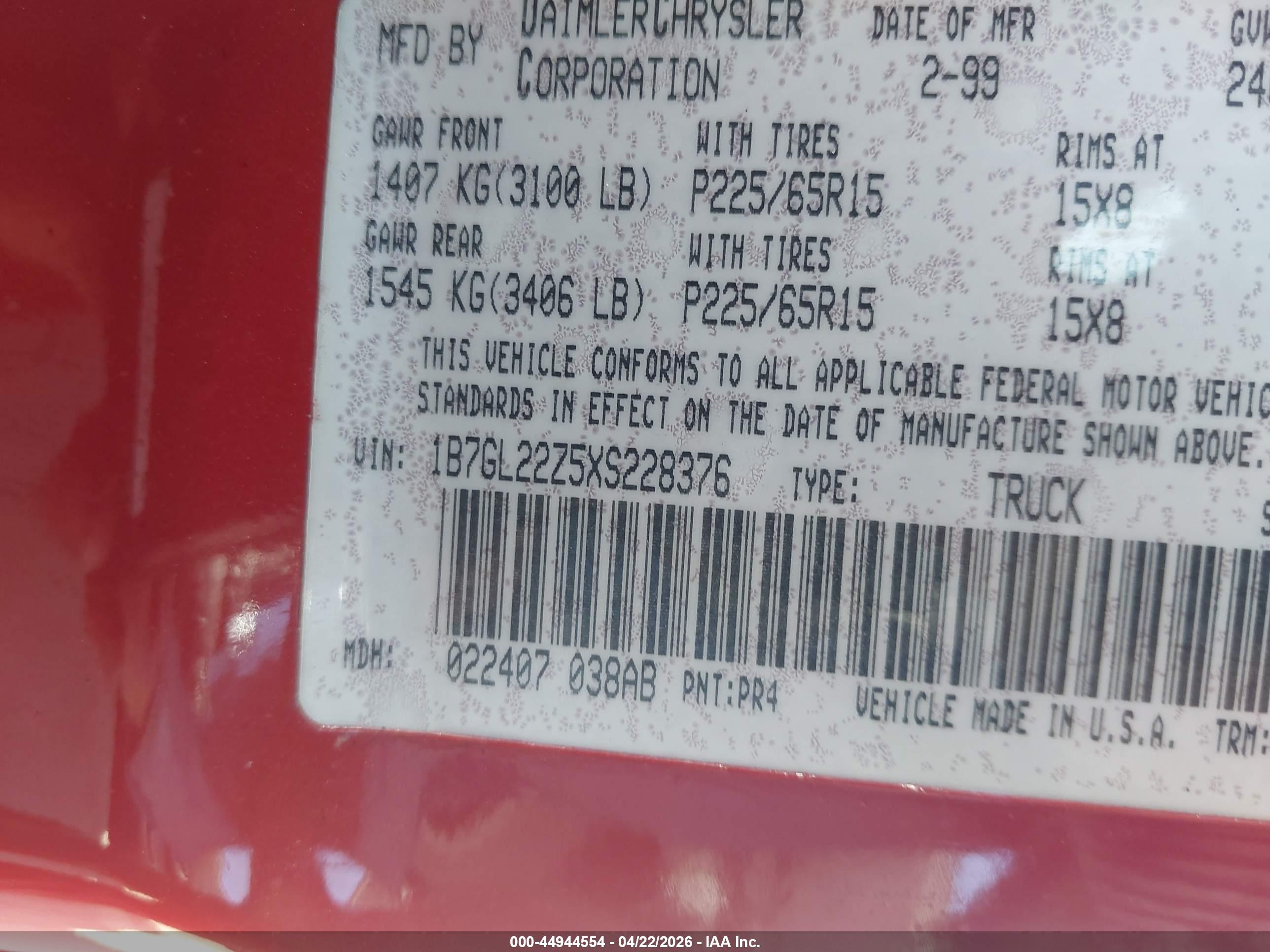 1999 Dodge Dakota Sport Красный vin: 1B7GL22Z5XS228376