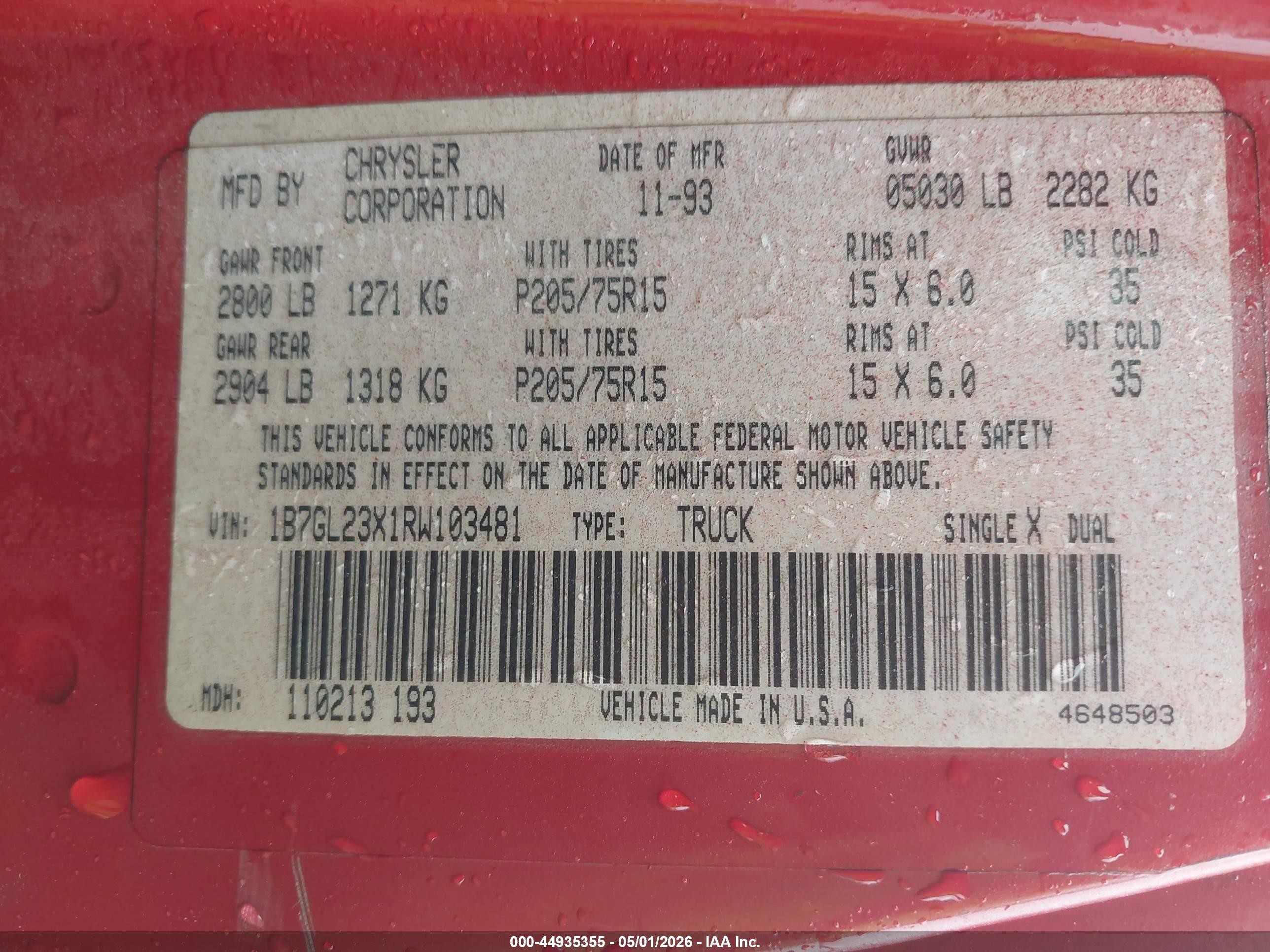 1994 Dodge Dakota   Red vin: 1B7GL23X1RW103481
