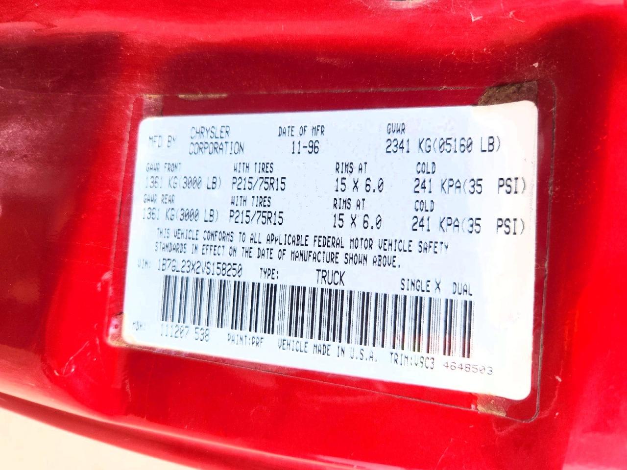 1997 Dodge Dakota Red vin: 1B7GL23X2VS158250