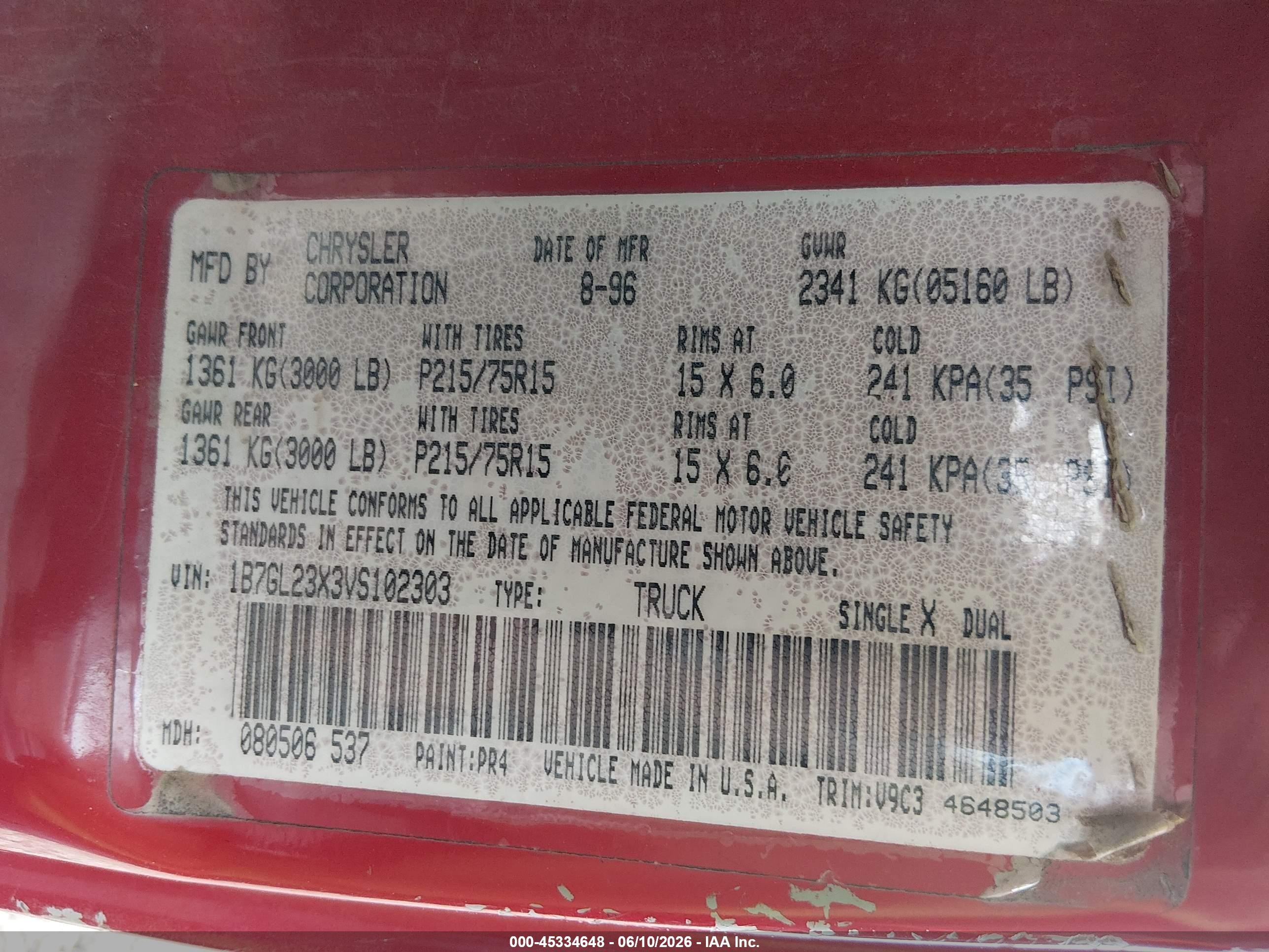 1997 Dodge Dakota Slt/sport Red vin: 1B7GL23X3VS102303