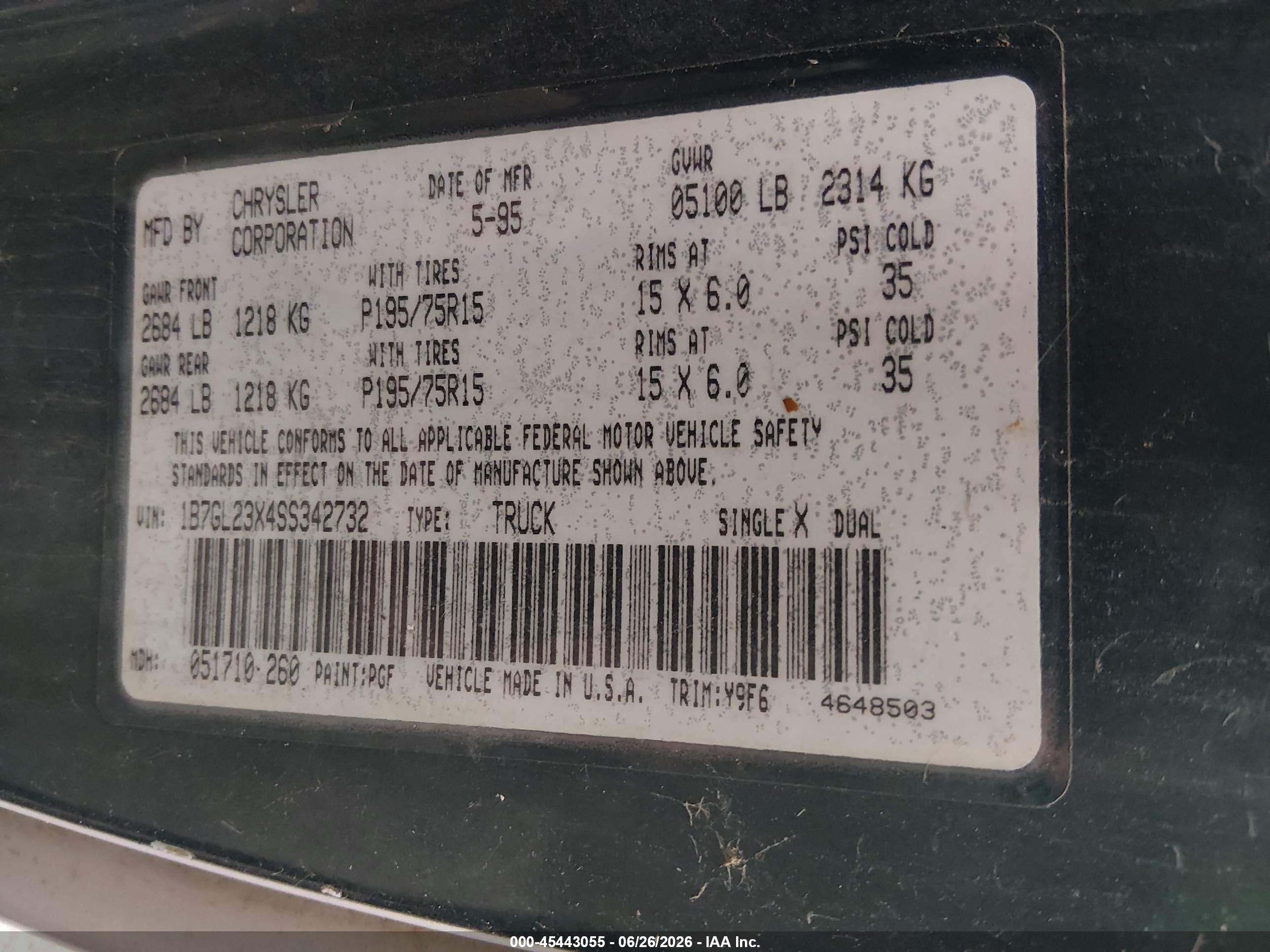 1995 Dodge Dakota   Light Blue vin: 1B7GL23X4SS342732