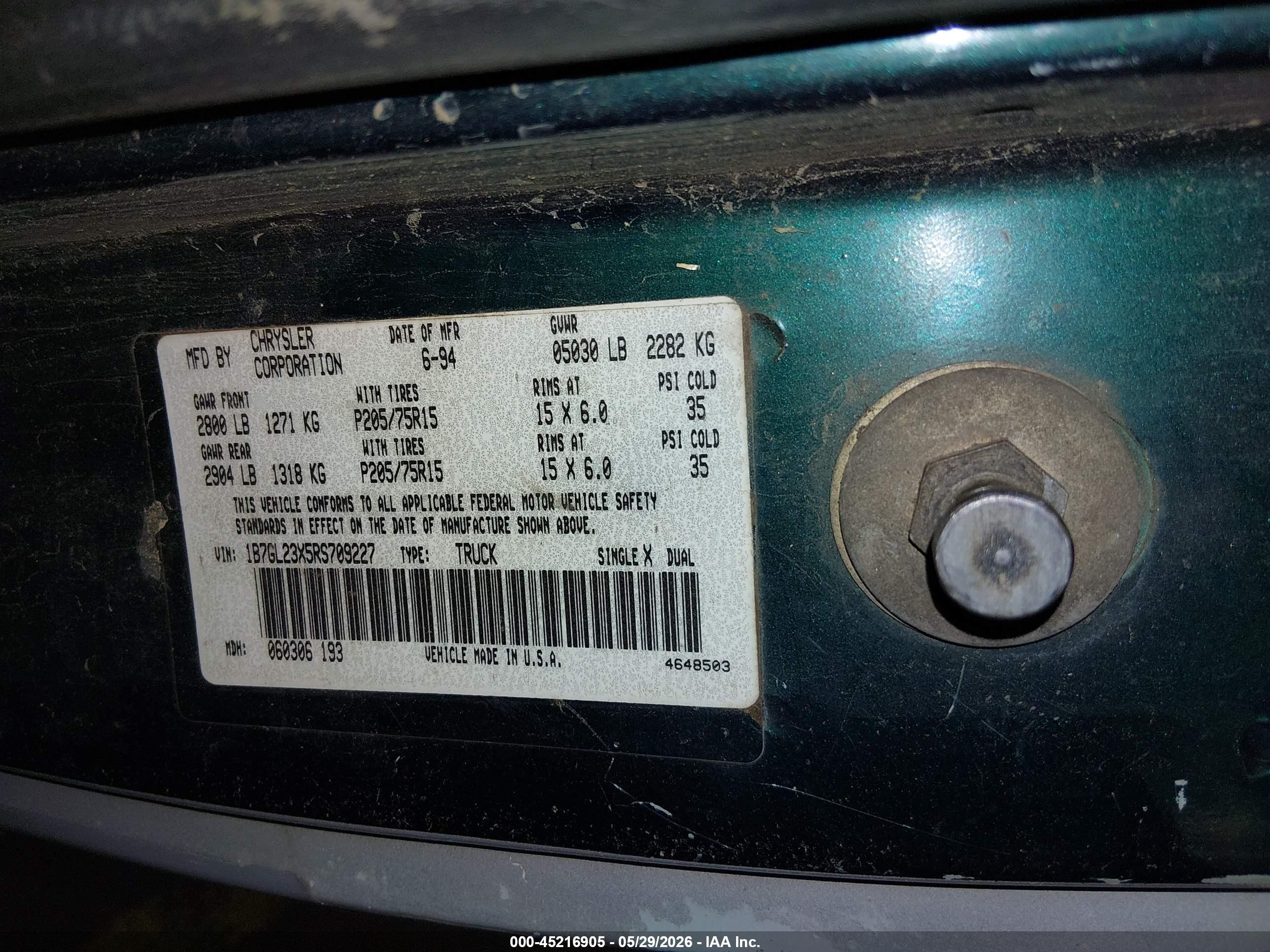 1994 Dodge Dakota   Зеленый vin: 1B7GL23X5RS709227