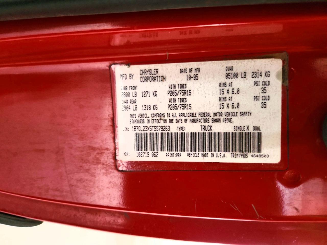 1996 Dodge Dakota Red vin: 1B7GL23X5TS579263