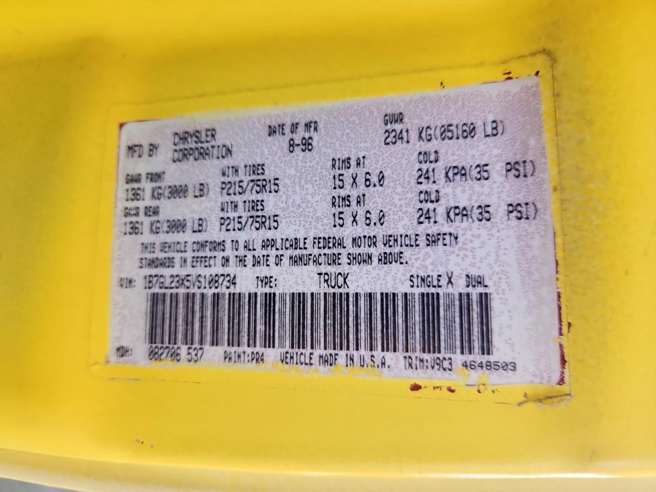 1997 Dodge Dakota Yellow vin: 1B7GL23X5VS108734