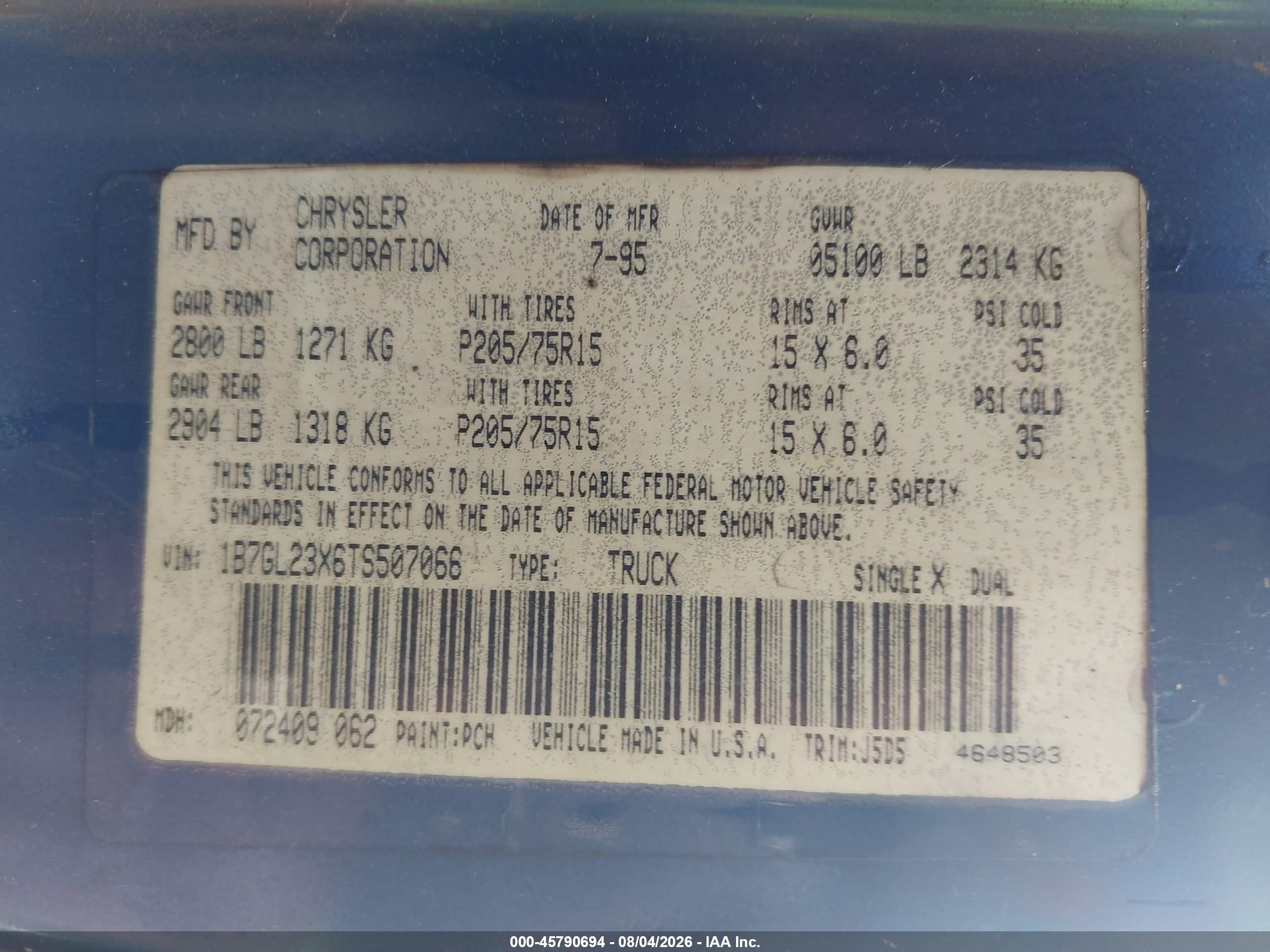 1996 Dodge Dakota   Blue vin: 1B7GL23X6TS507066