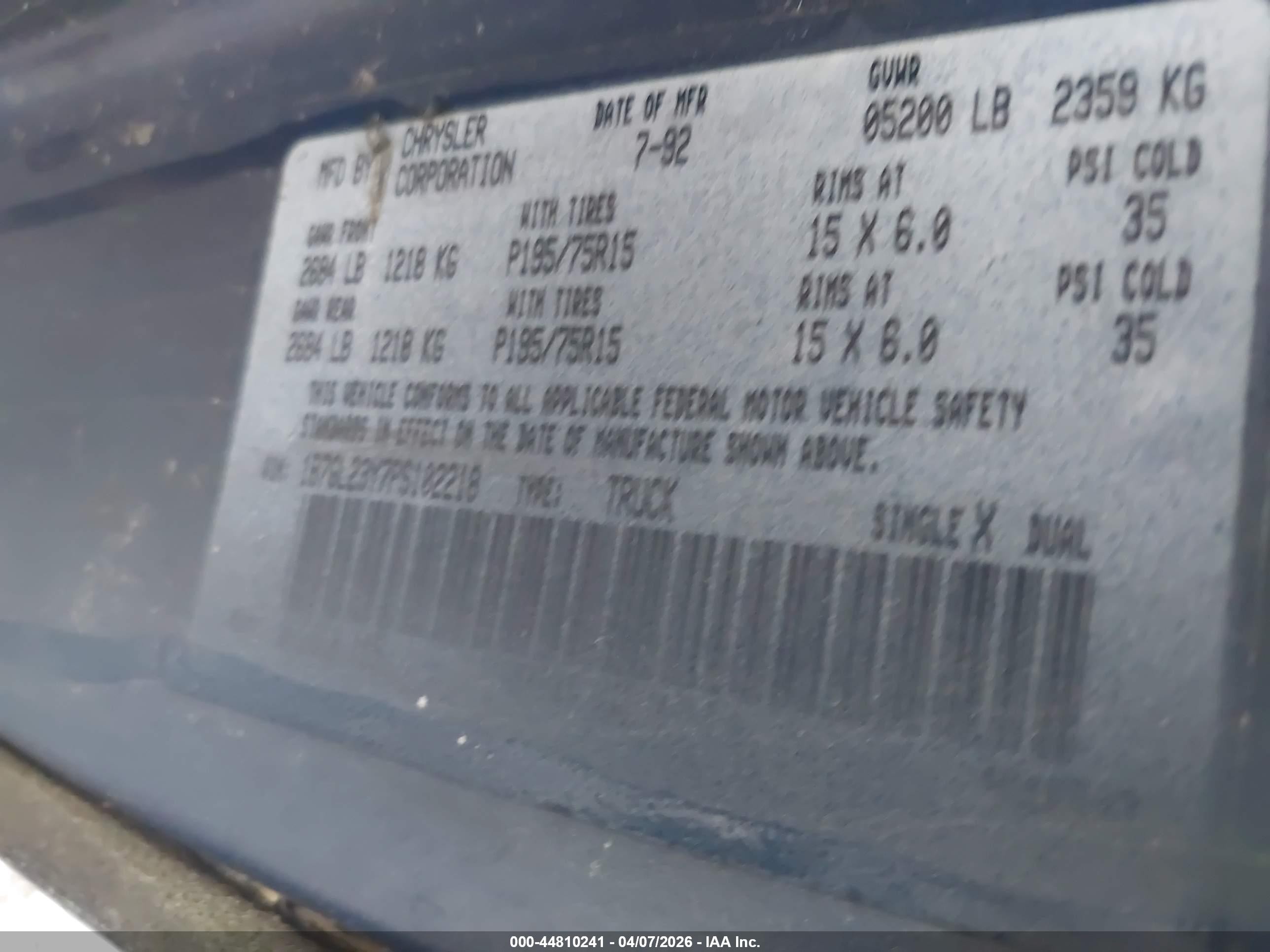 1993 Dodge Dakota   Blue vin: 1B7GL23Y7PS102218