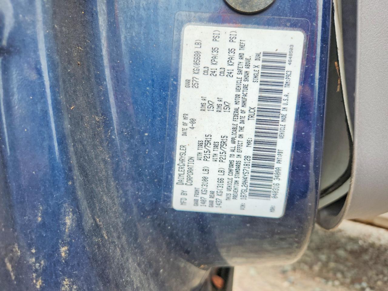 2000 Dodge Dakota Quad Синий vin: 1B7GL2AN4YS718128