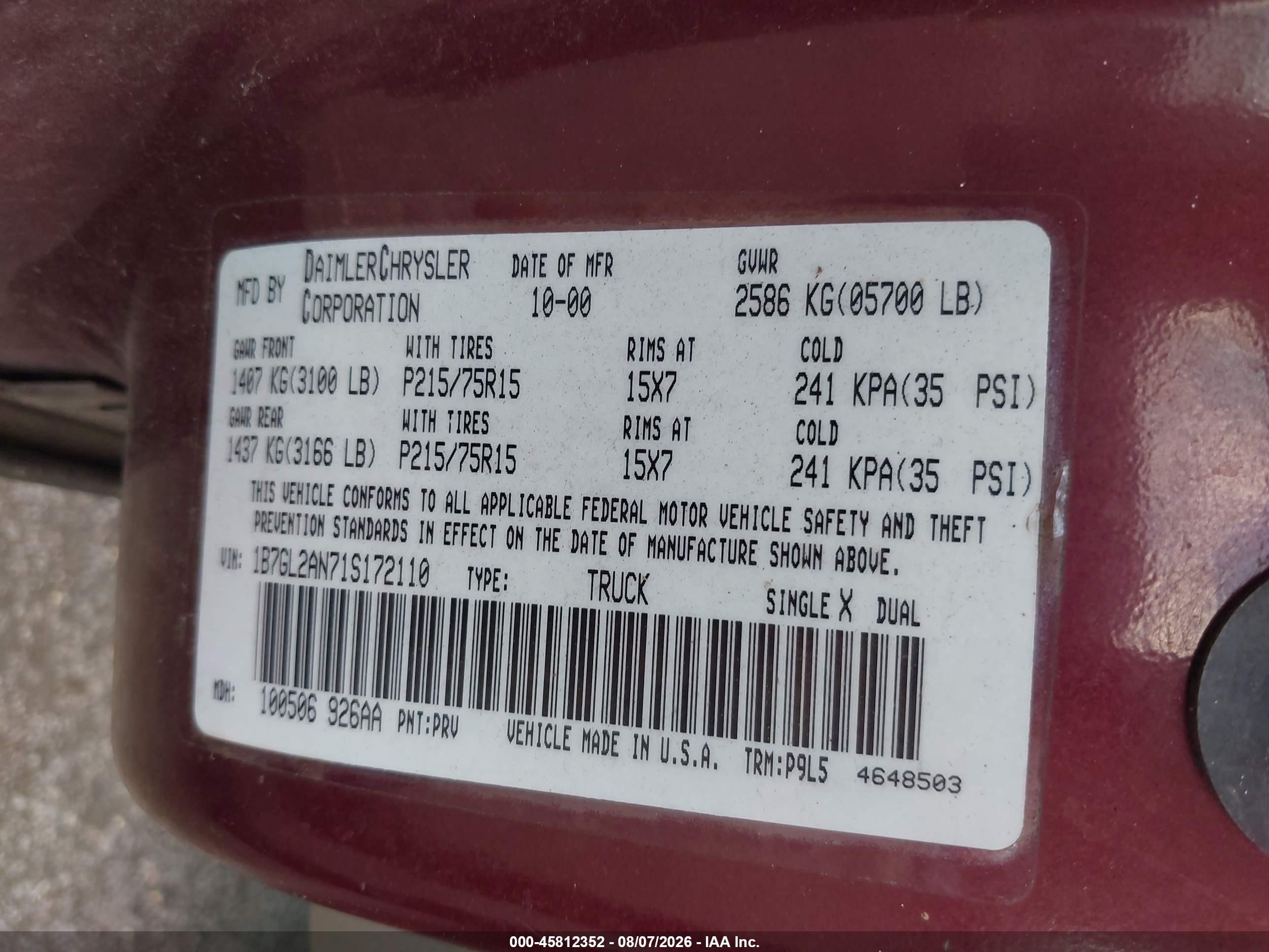 2001 Dodge Dakota Slt/sport Red vin: 1B7GL2AN71S172110