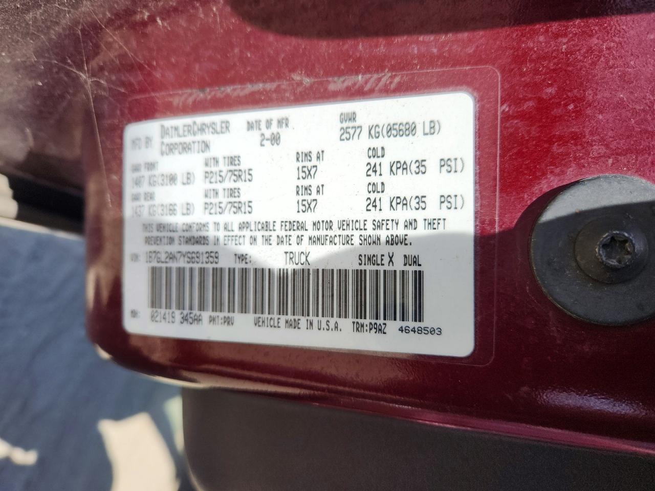 2000 Dodge Dakota Quad Burgundy vin: 1B7GL2AN7YS691359