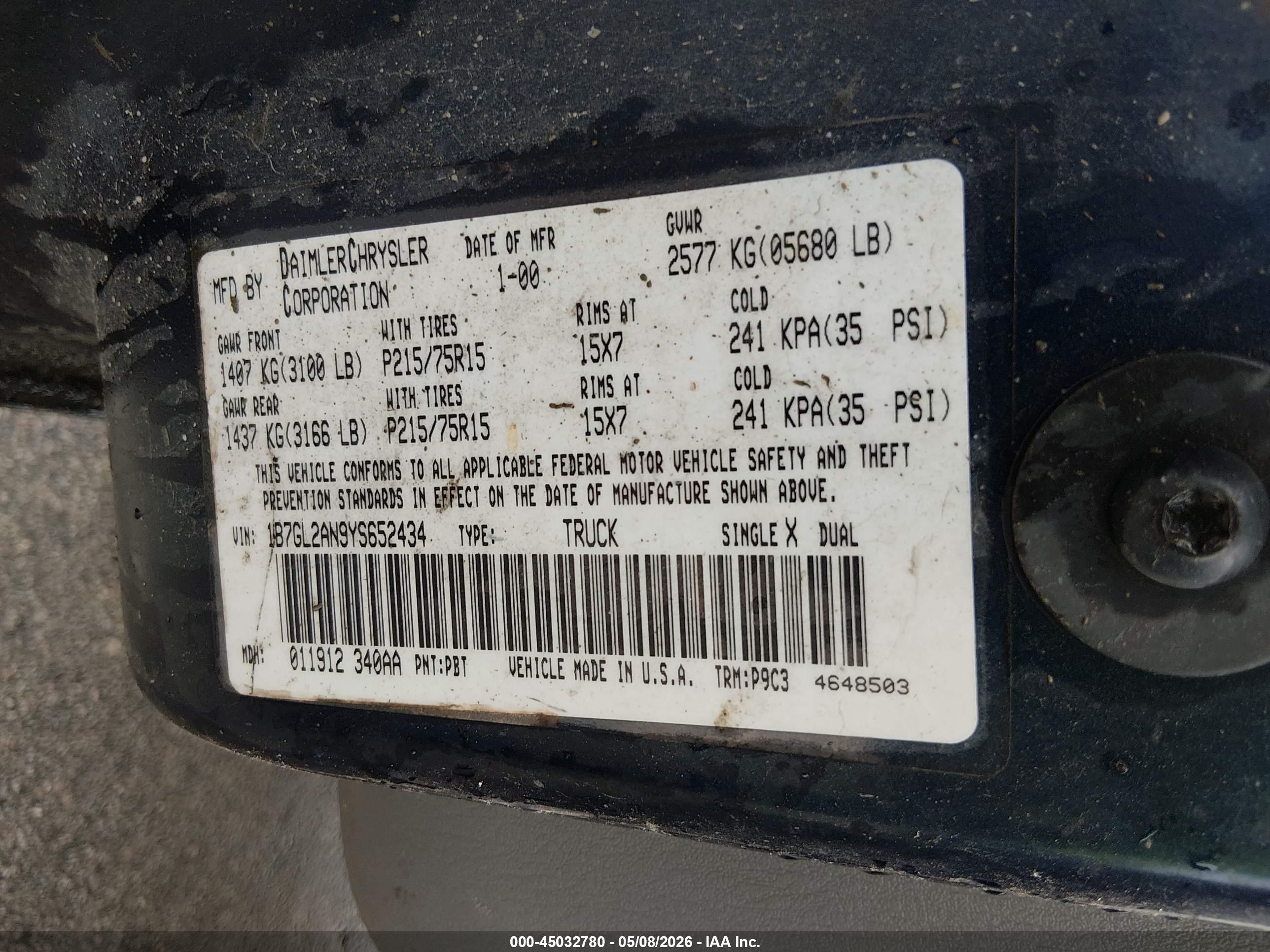 2000 Dodge Dakota Slt/sport Blue vin: 1B7GL2AN9YS652434