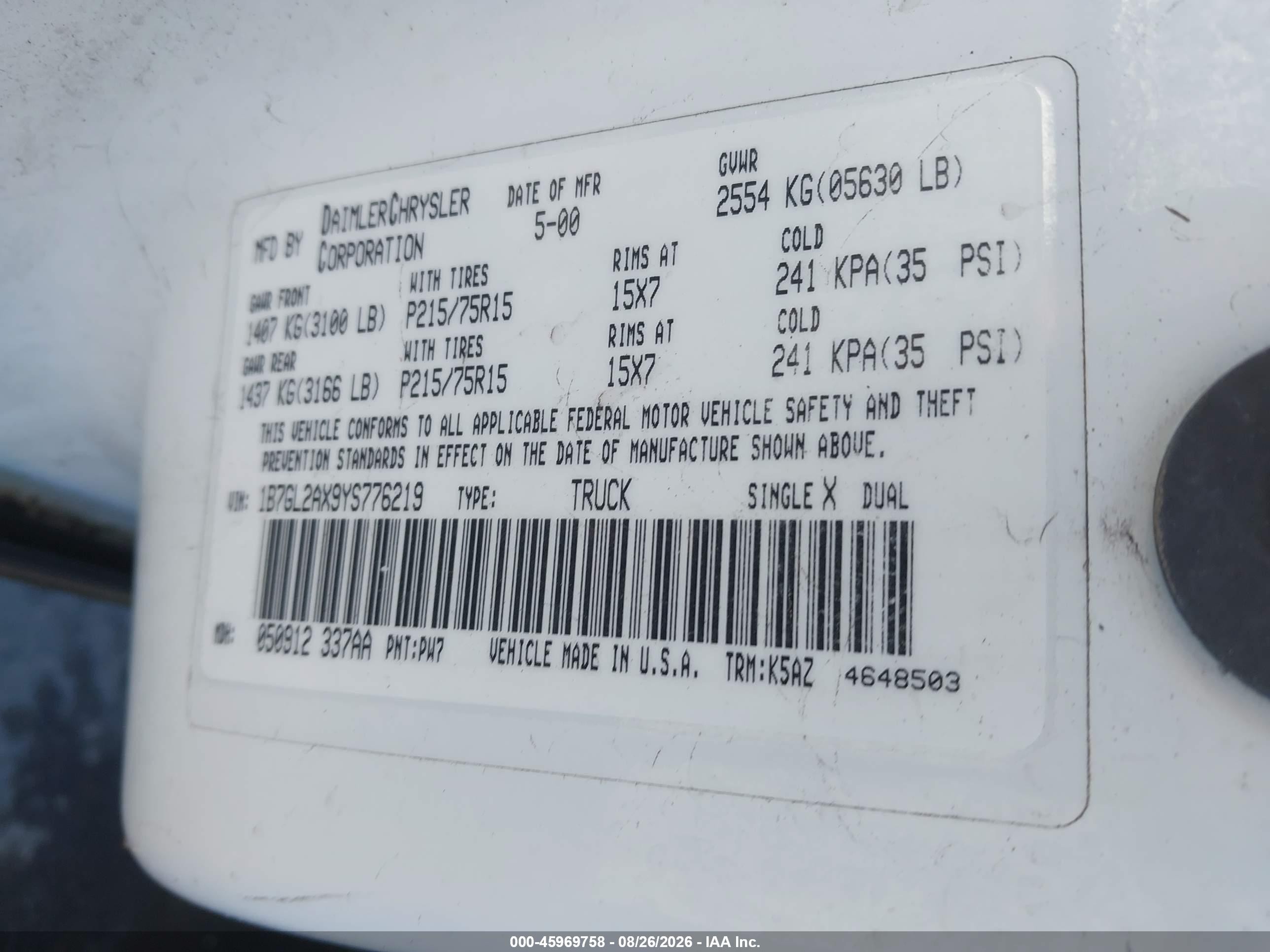 2000 Dodge Dakota Slt/sport White vin: 1B7GL2AX9YS776219