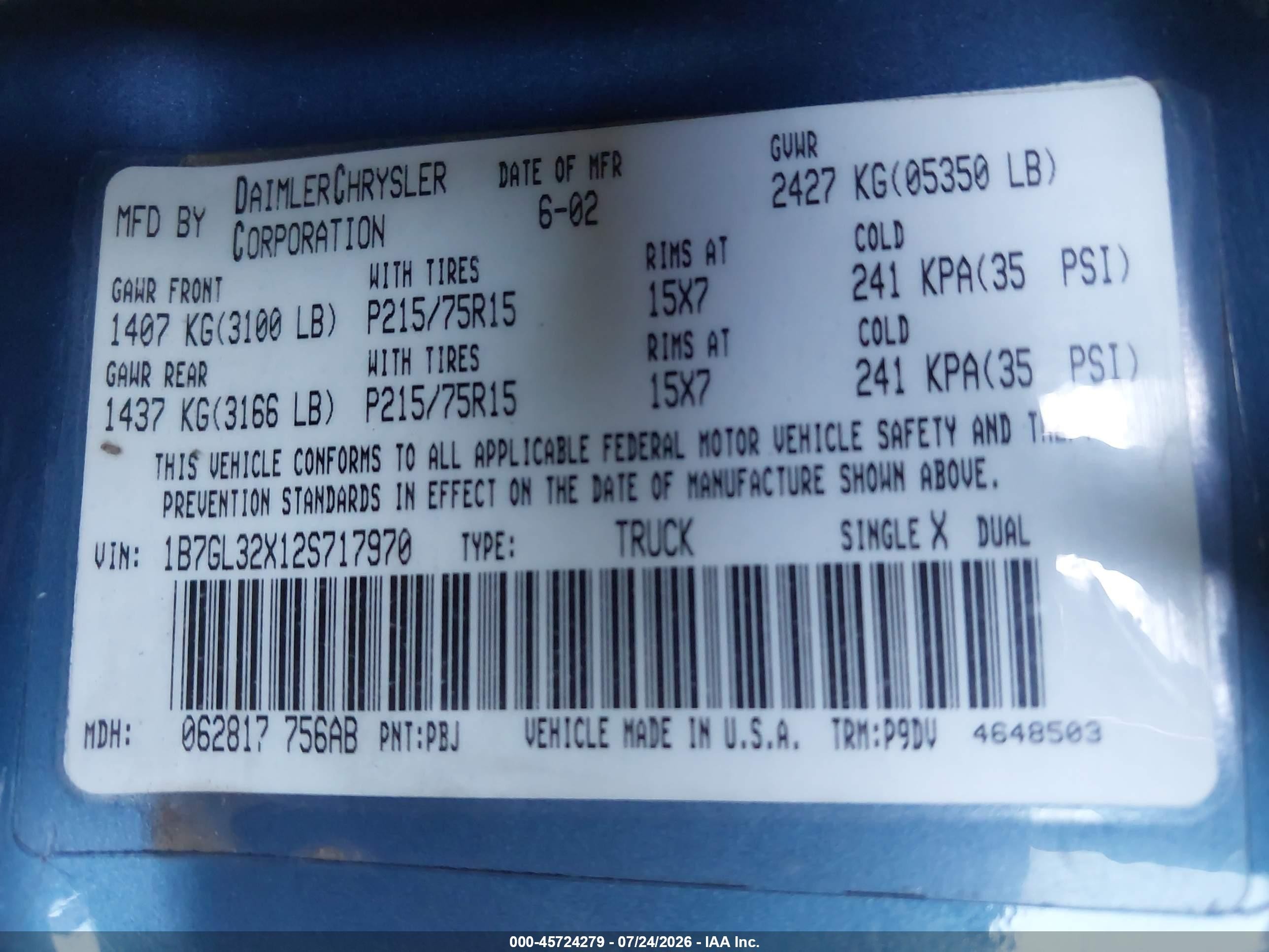 2002 Dodge Dakota Sport Blue vin: 1B7GL32X12S717970