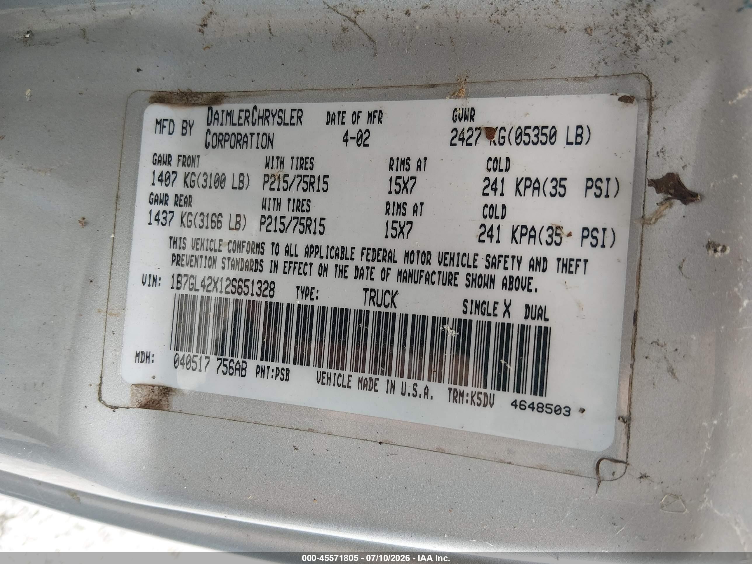 2002 Dodge Dakota Slt Silver vin: 1B7GL42X12S651328