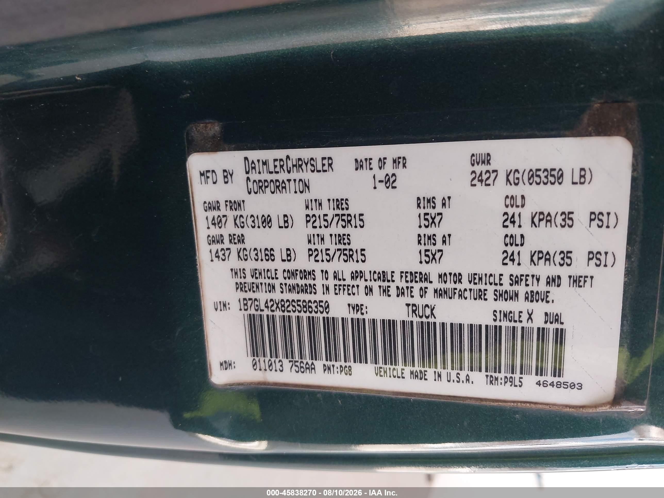 2002 Dodge Dakota Slt Green vin: 1B7GL42X82S586350
