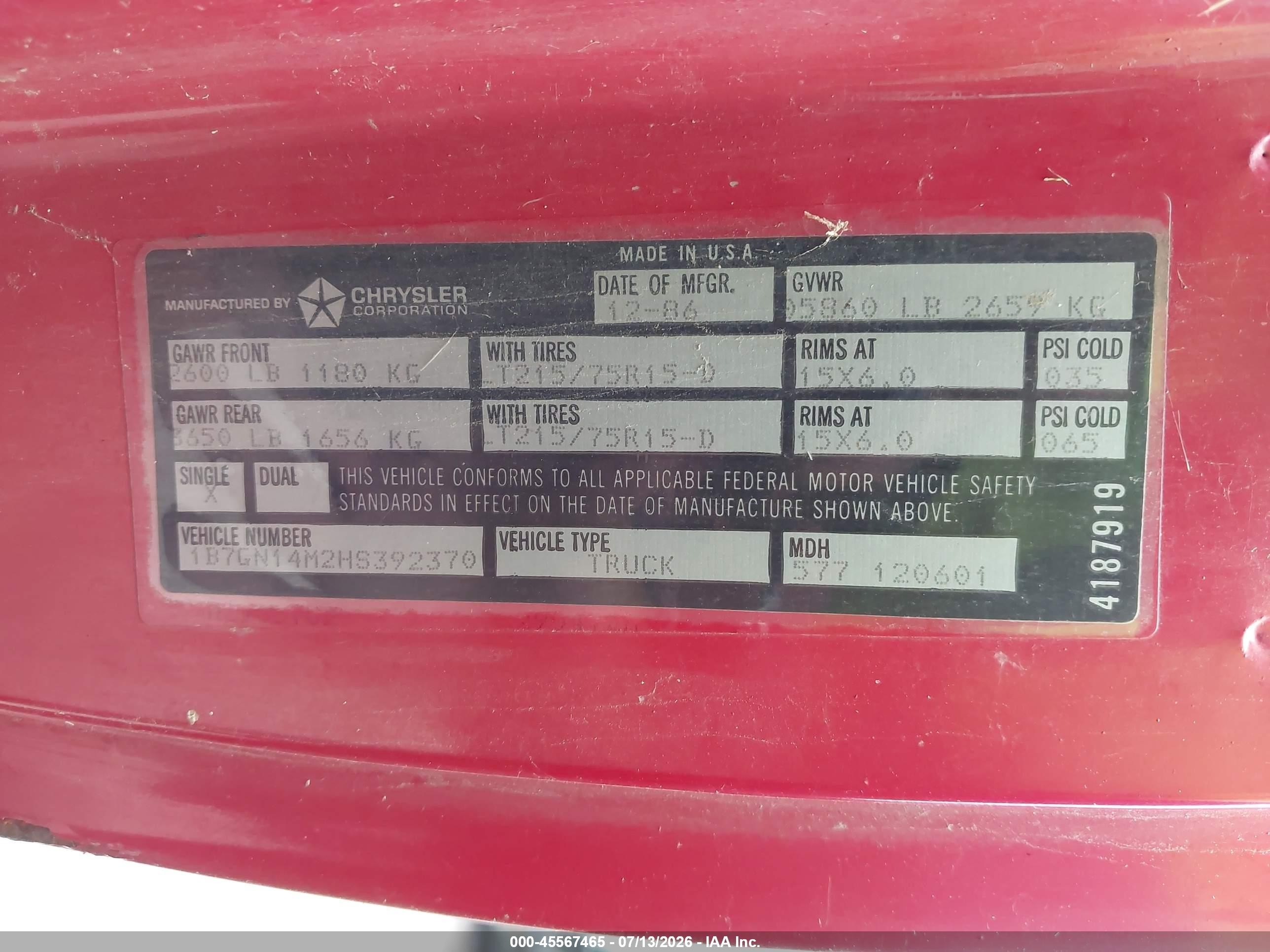 1987 Dodge Dakota   Red vin: 1B7GN14M2HS392370