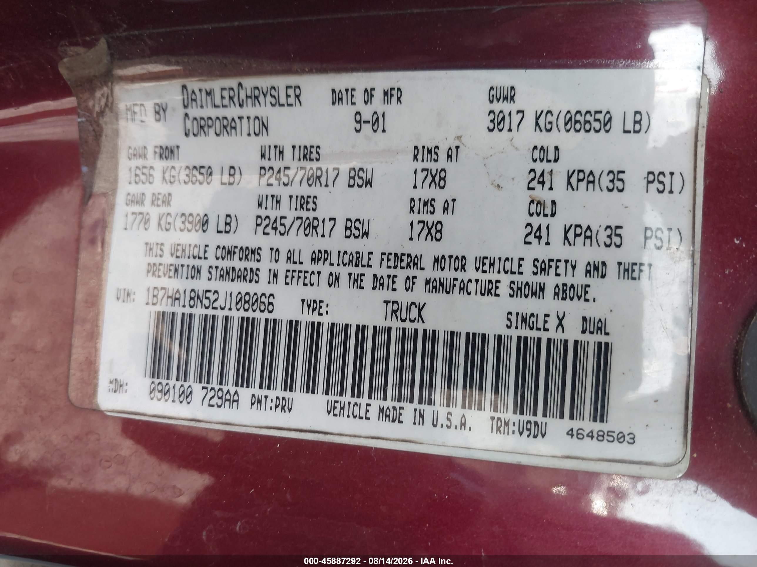 2002 Dodge Ram 1500 St Maroon vin: 1B7HA18N52J108066