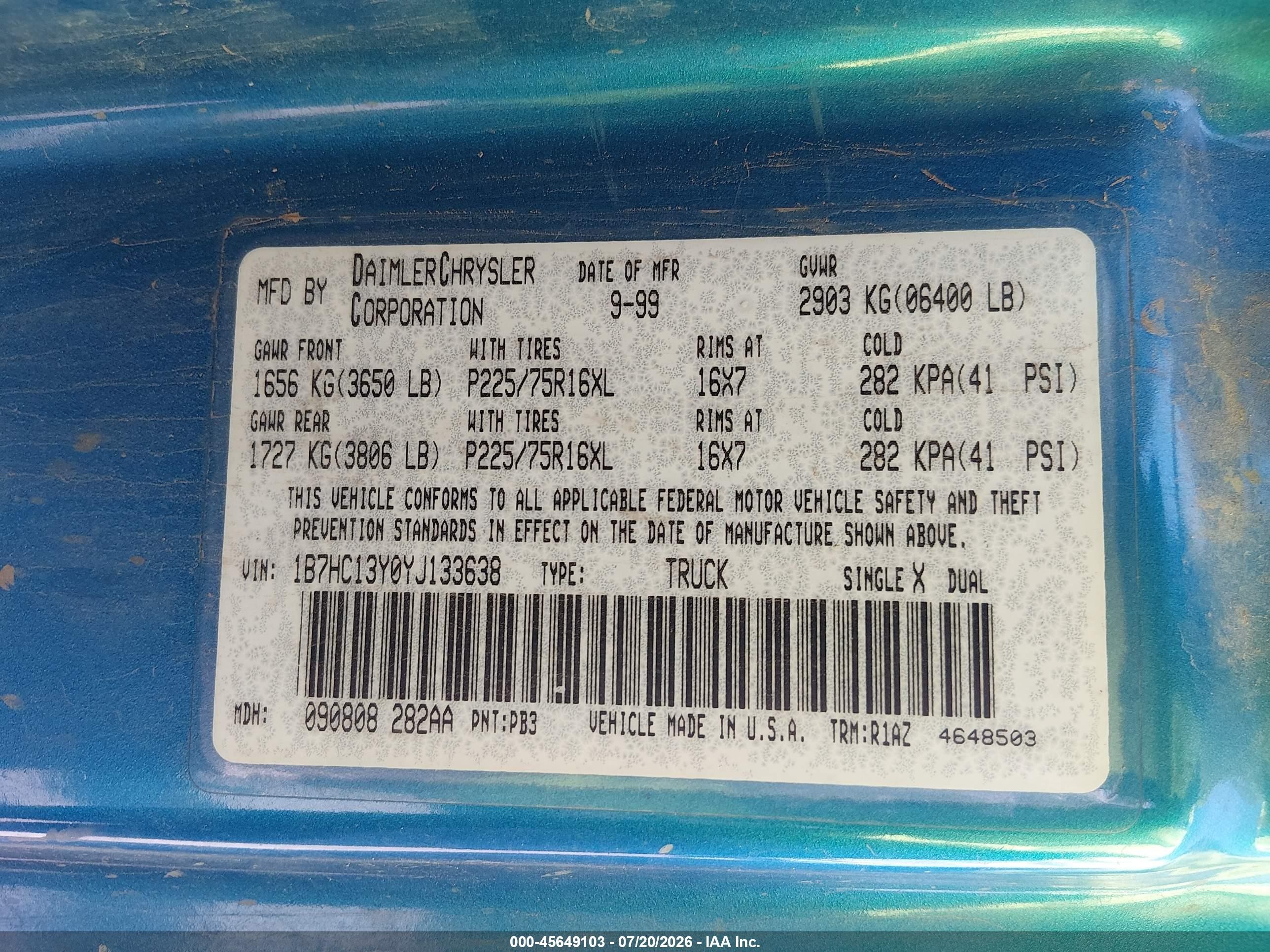 2000 Dodge Ram 1500 St Blue vin: 1B7HC13Y0YJ133638