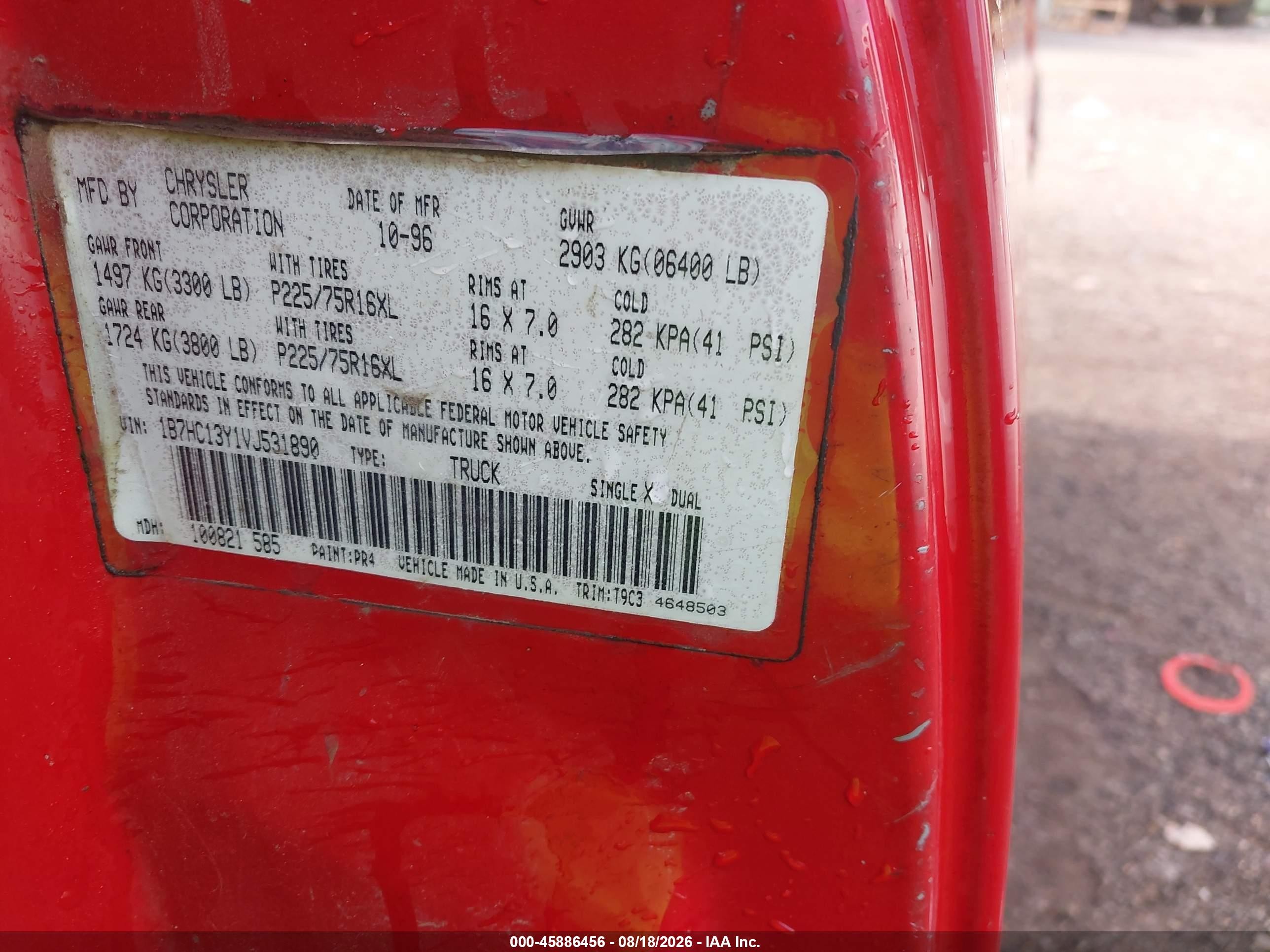 1997 Dodge Ram 1500 St Red vin: 1B7HC13Y1VJ531890
