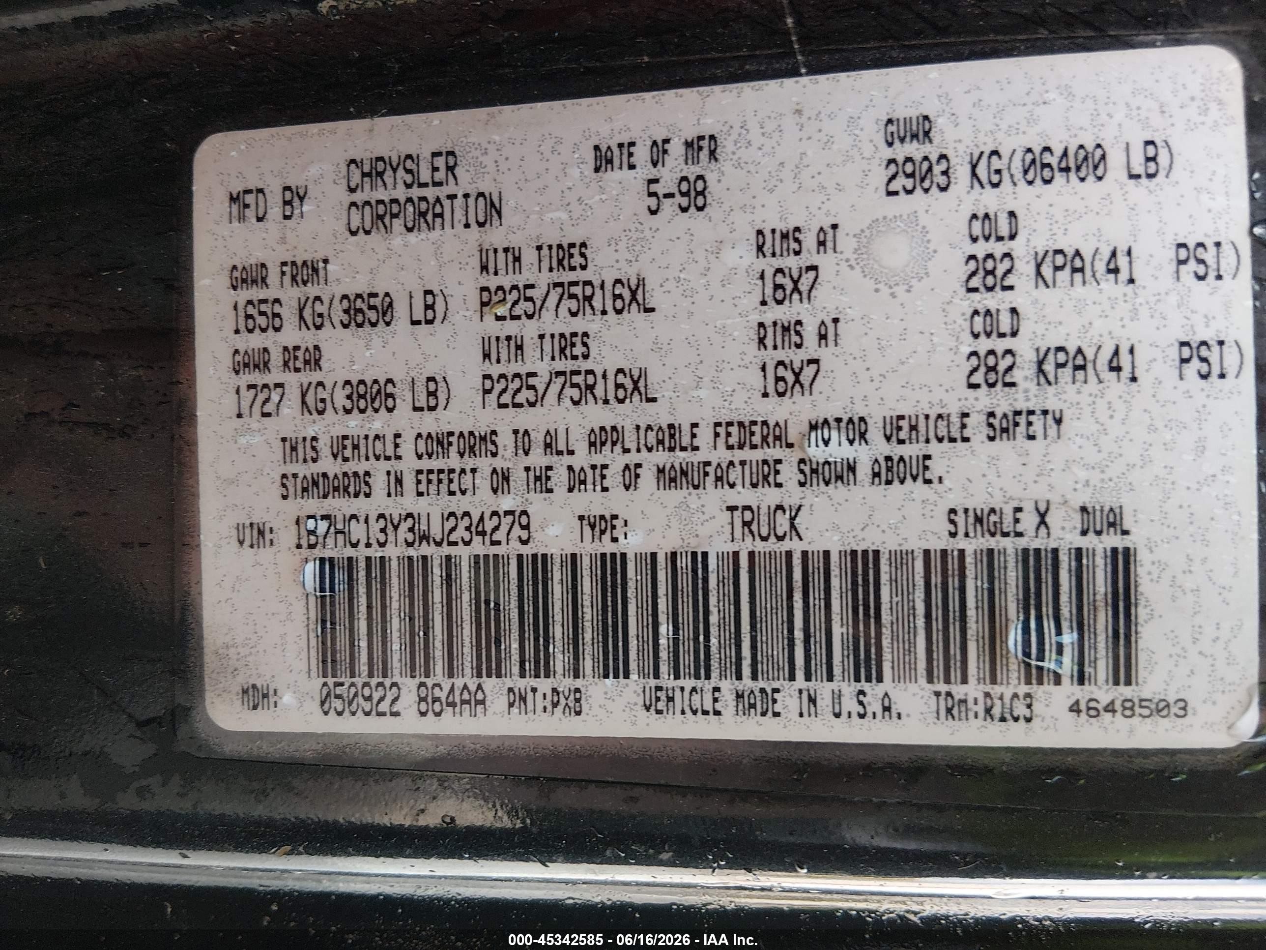 1998 Dodge Ram 1500 St Черный vin: 1B7HC13Y3WJ234279