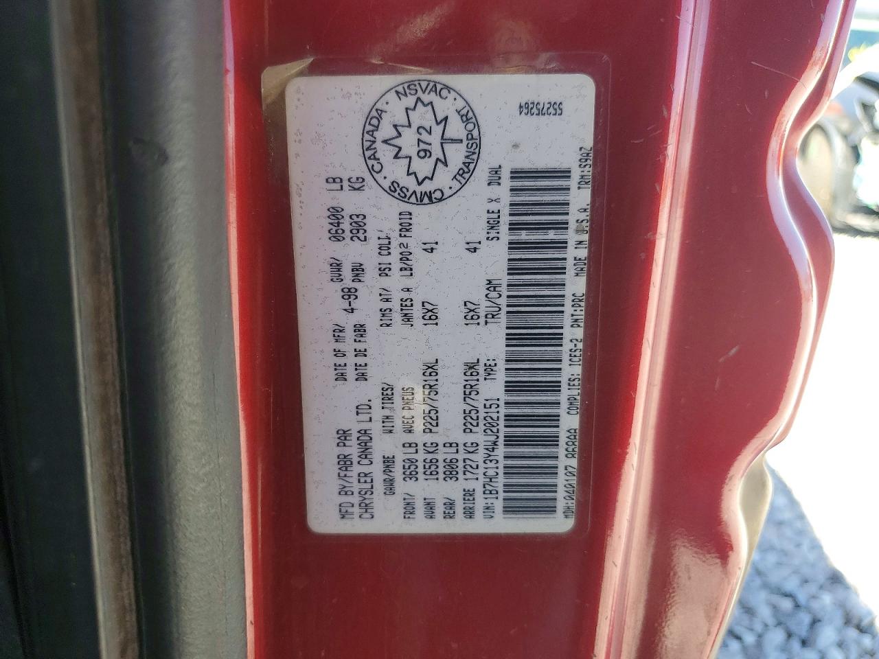 1998 Dodge Ram 1500 Red vin: 1B7HC13Y4WJ202151
