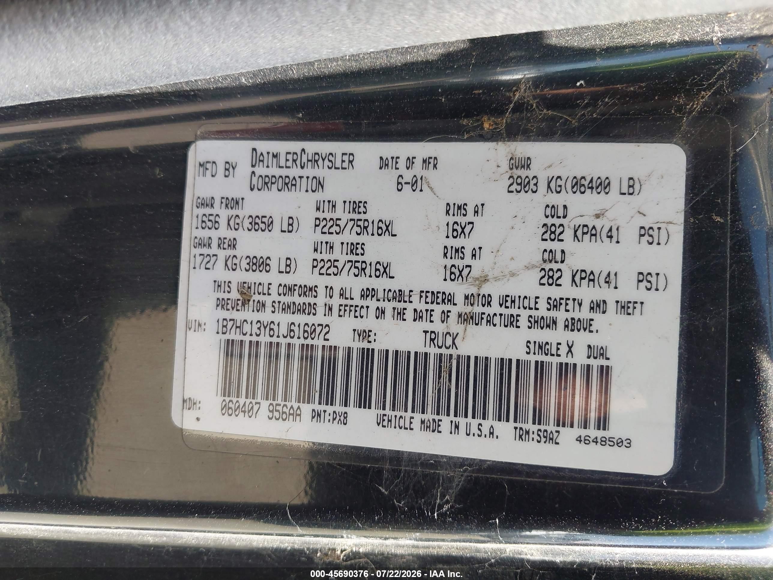 2001 Dodge Ram 1500 St Black vin: 1B7HC13Y61J616072