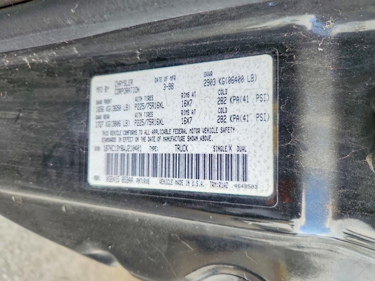 1998 Dodge Ram 1500 Black vin: 1B7HC13Y8WJ210401