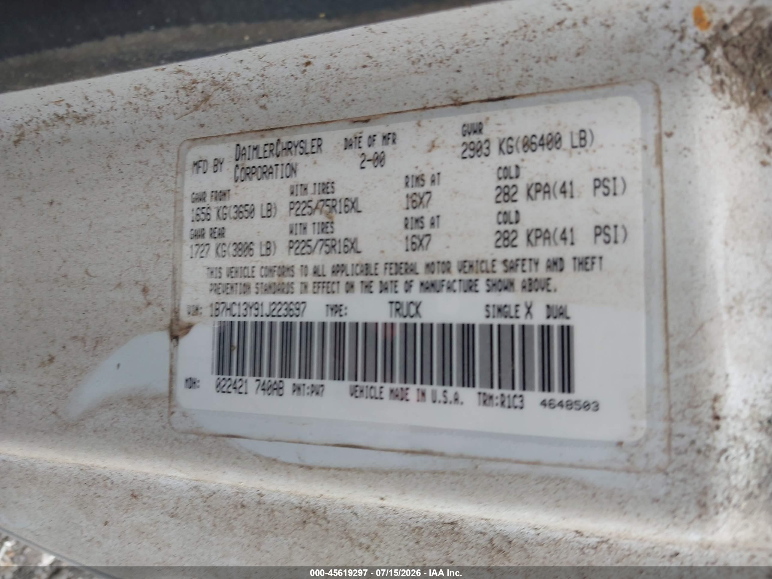 2001 Dodge Ram 1500 St White vin: 1B7HC13Y91J223697