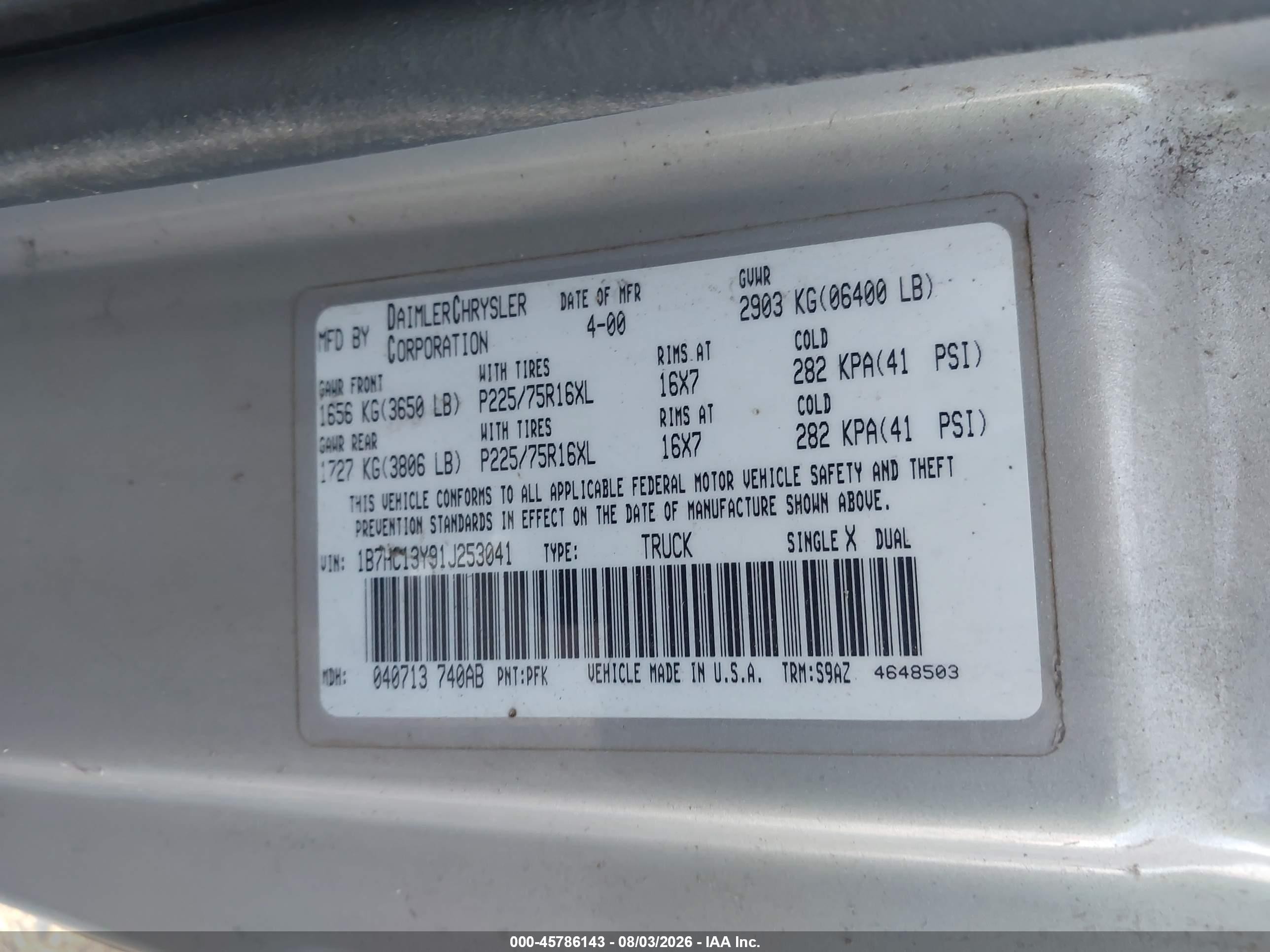 2001 Dodge Ram 1500 St Silver vin: 1B7HC13Y91J253041