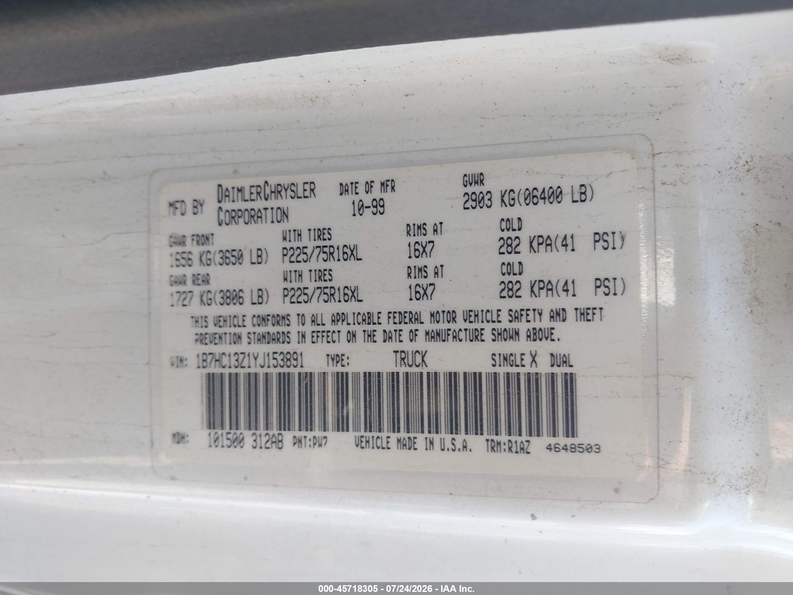 2000 Dodge Ram 1500 St White vin: 1B7HC13Z1YJ153891