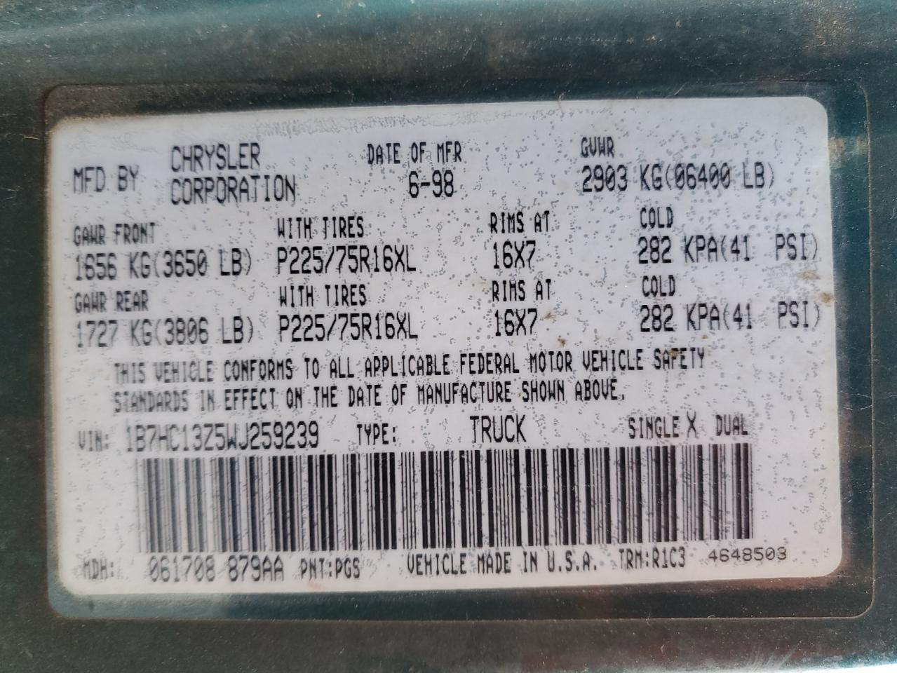 1998 Dodge Ram 1500 Green vin: 1B7HC13Z5WJ259239