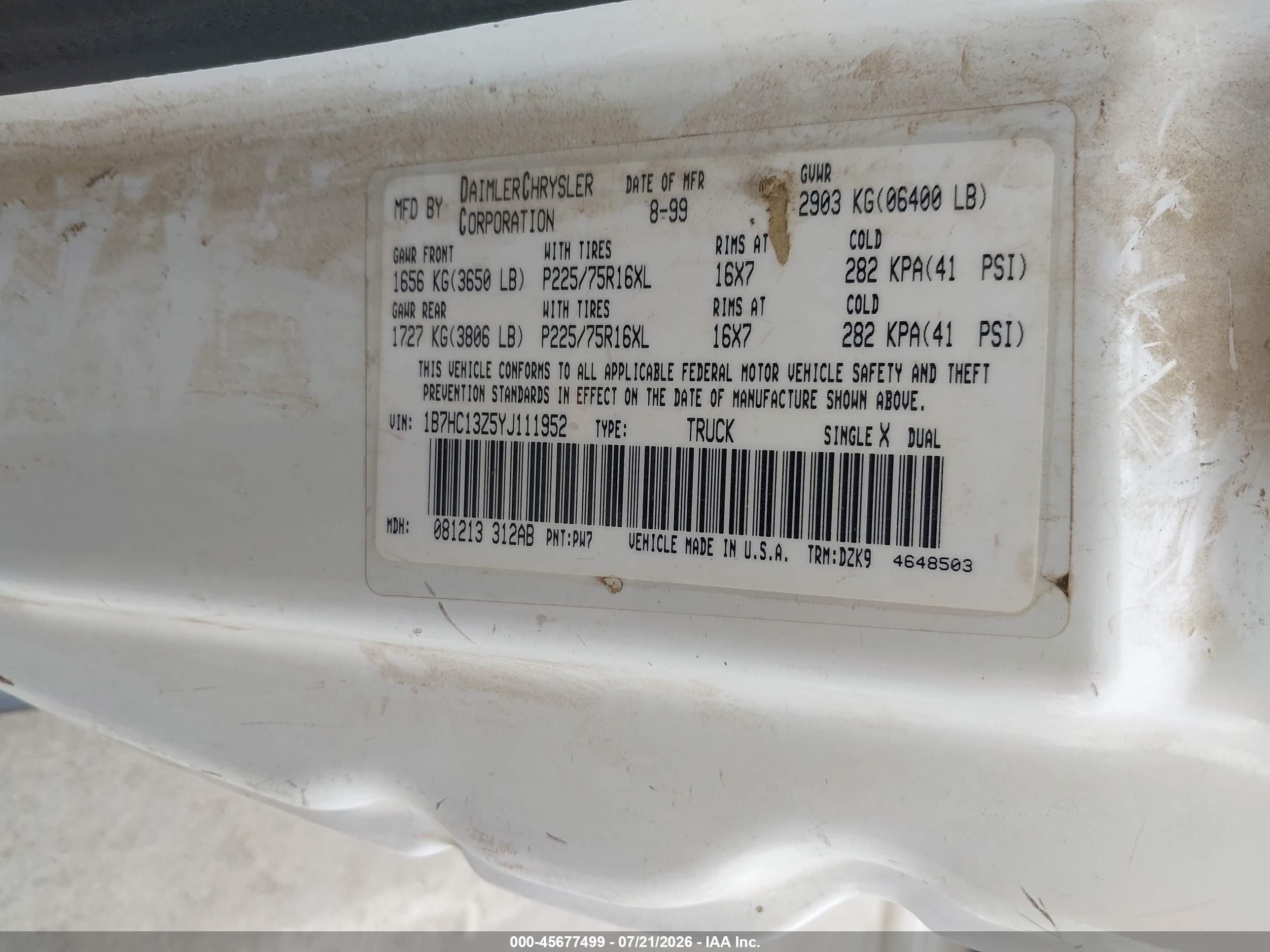 2000 Dodge Ram 1500 St White vin: 1B7HC13Z5YJ111952