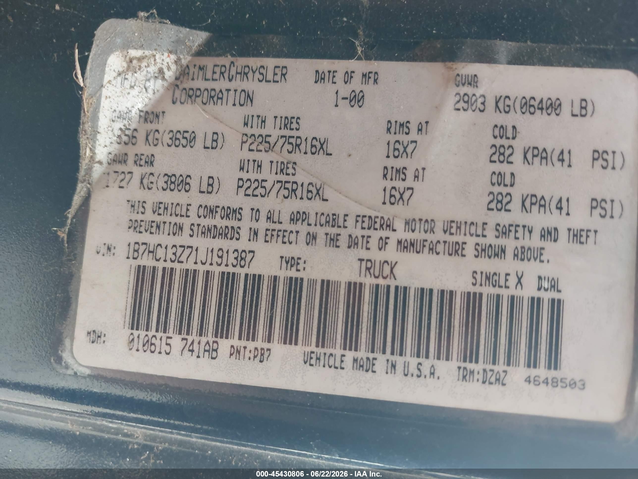 2001 Dodge Ram 1500 St Blue vin: 1B7HC13Z71J191387