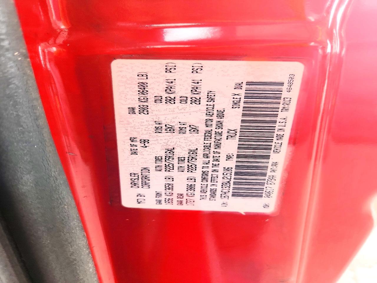1998 Dodge Ram 1500 Red vin: 1B7HC13Z8WJ215106
