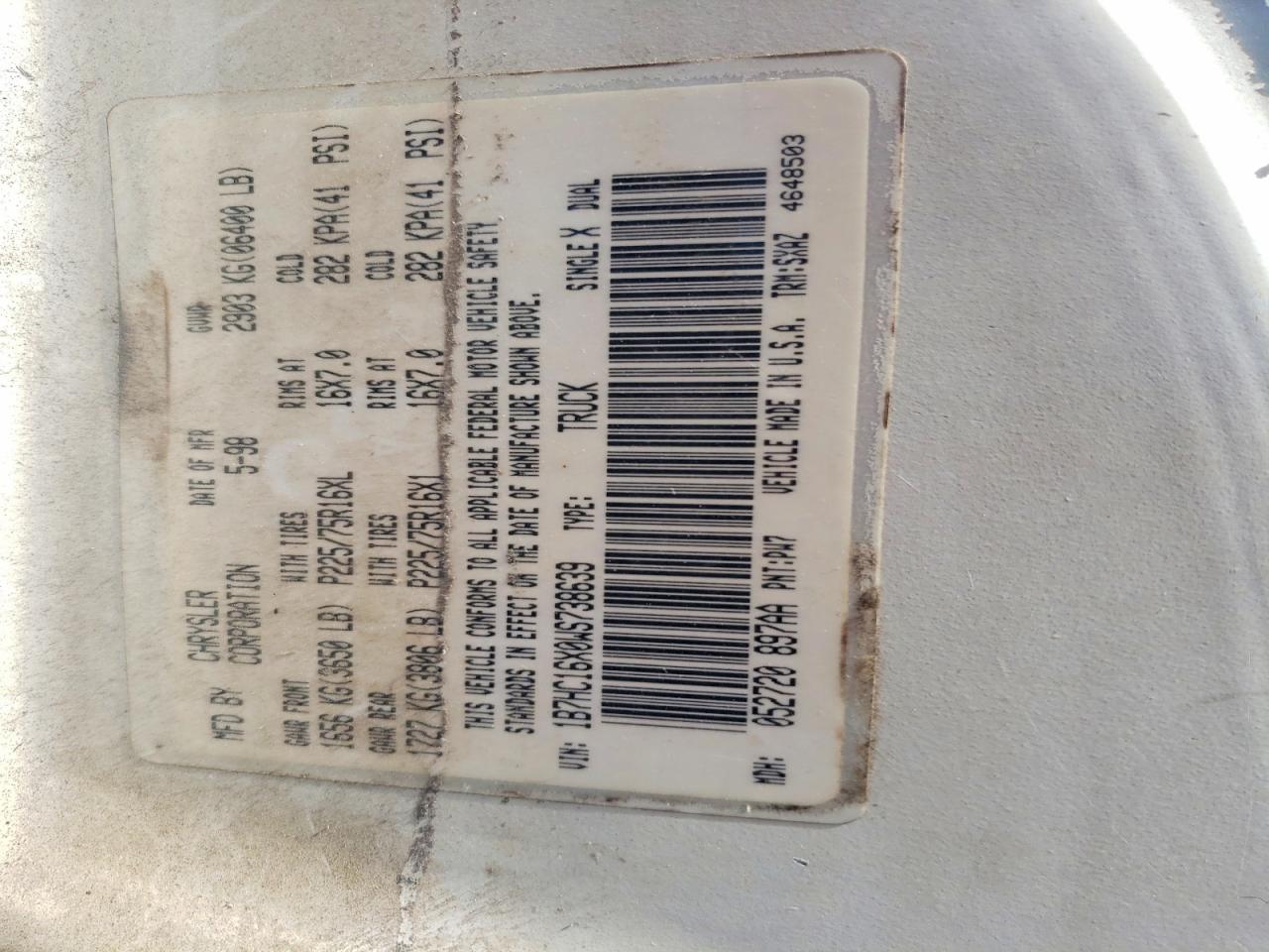 1998 Dodge Ram 1500 White vin: 1B7HC16X0WS738639