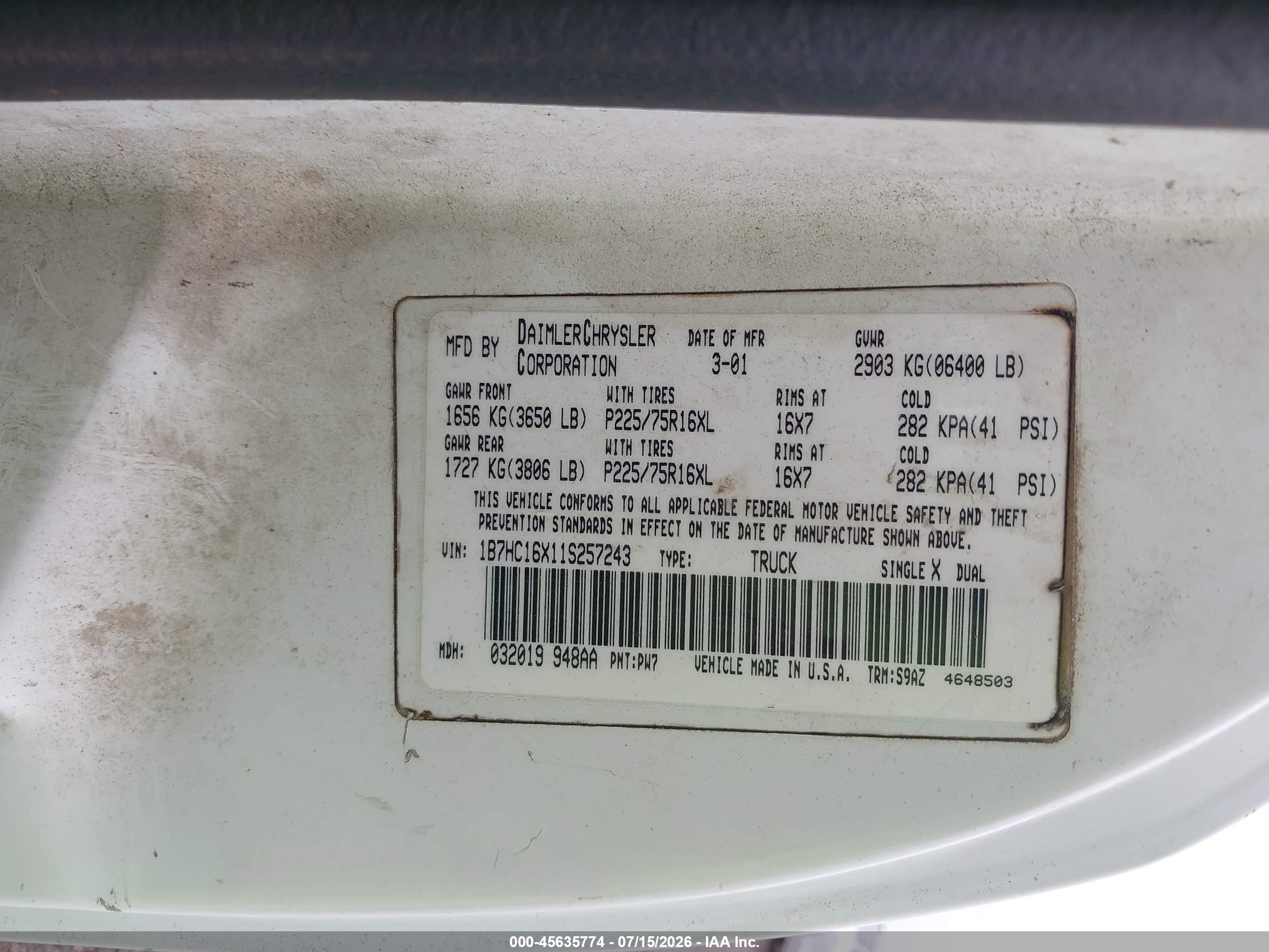 2001 Dodge Ram 1500 St/ws White vin: 1B7HC16X11S257243